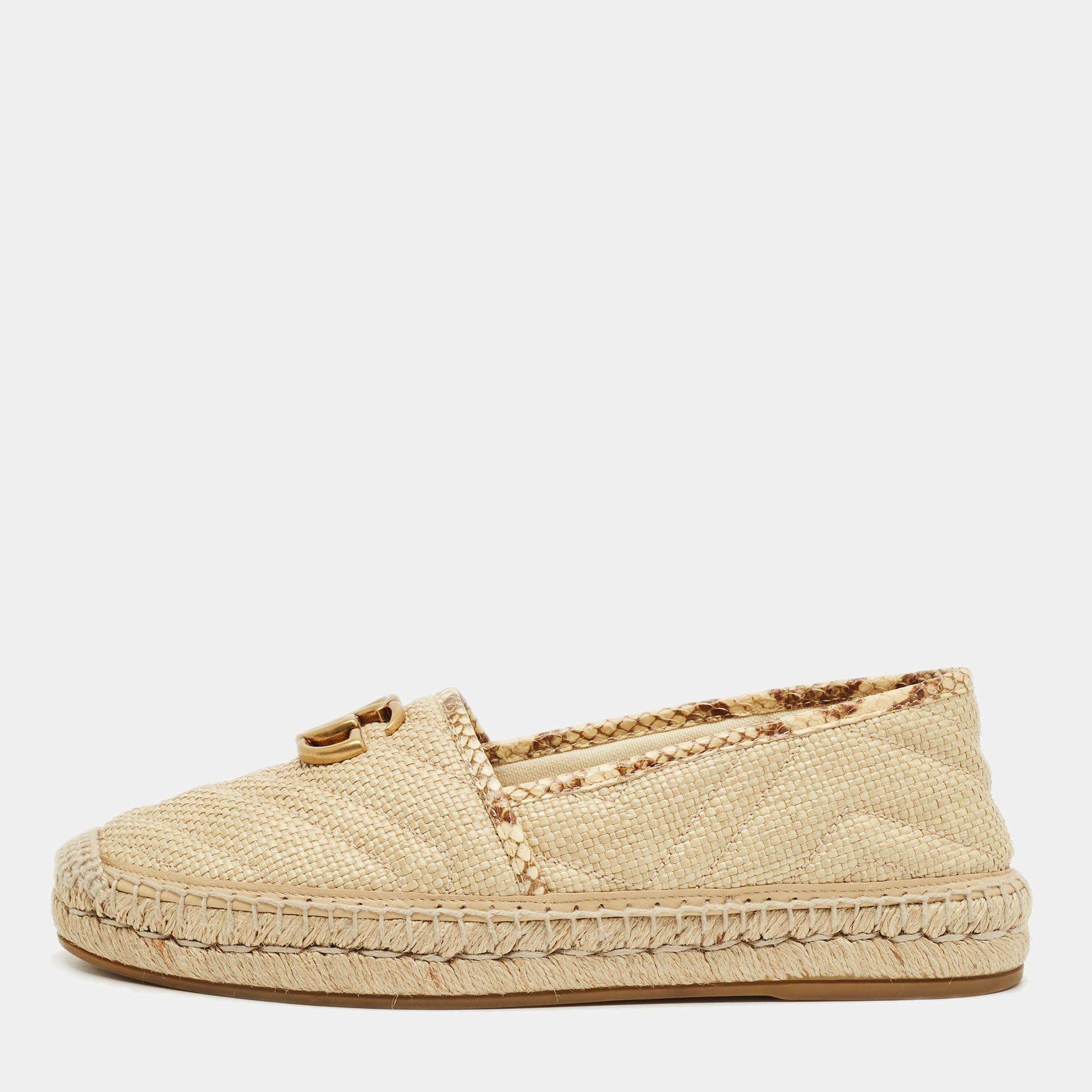 Pre Owned Gucci Beige Python and Raffia GG Marmont Espadrille Flats Size 38.5