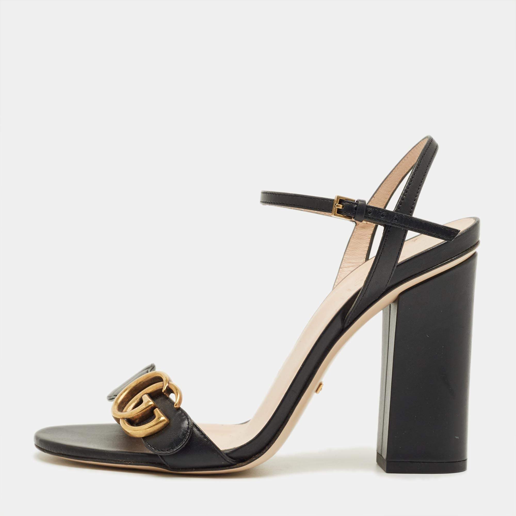 Pre Owned Gucci Black Leather GG Marmont Ankle Strap Sandals Size 37