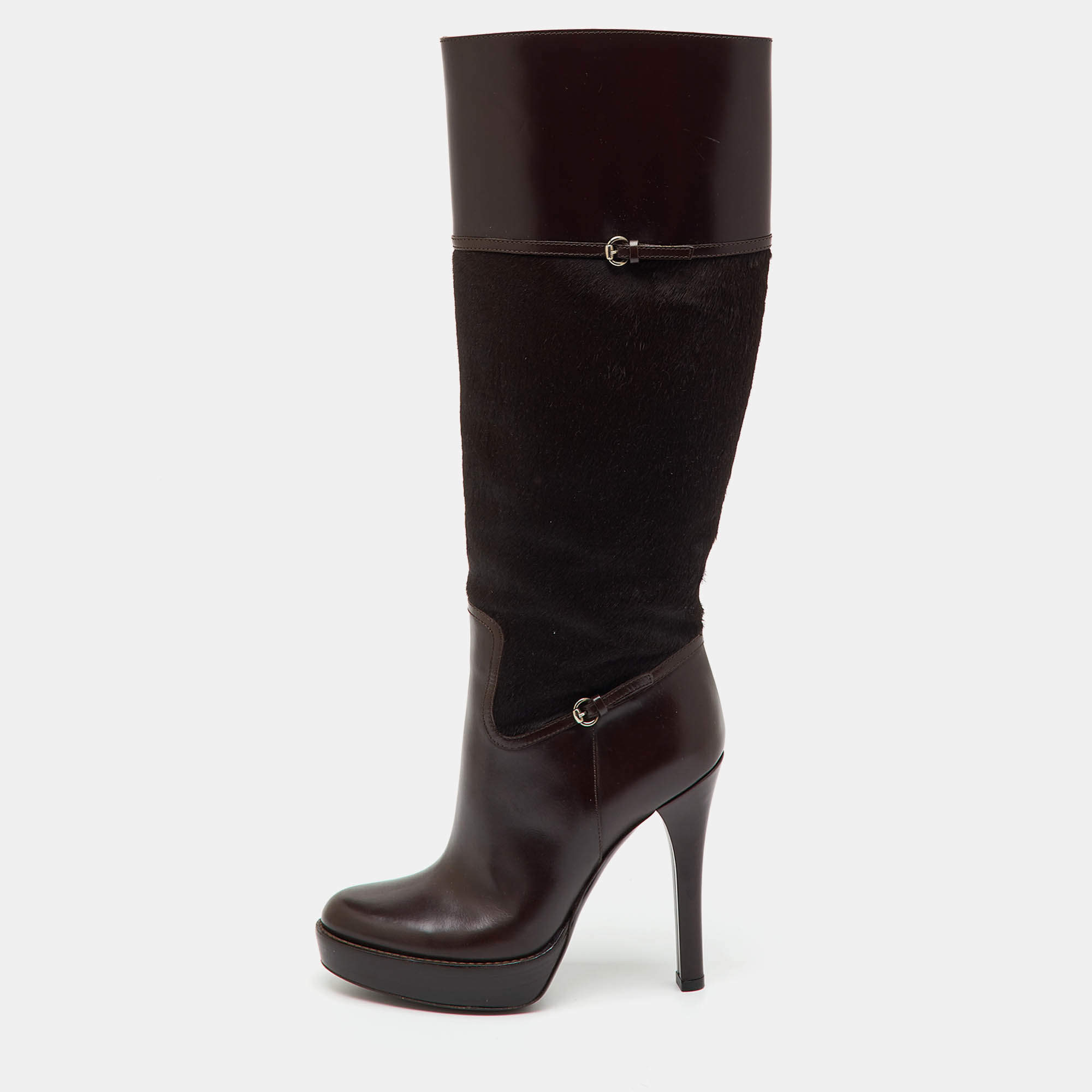 Pre Owned Gucci Dark Brown Leather and Calf Hair Knee Length Platform Boots Size 36.5