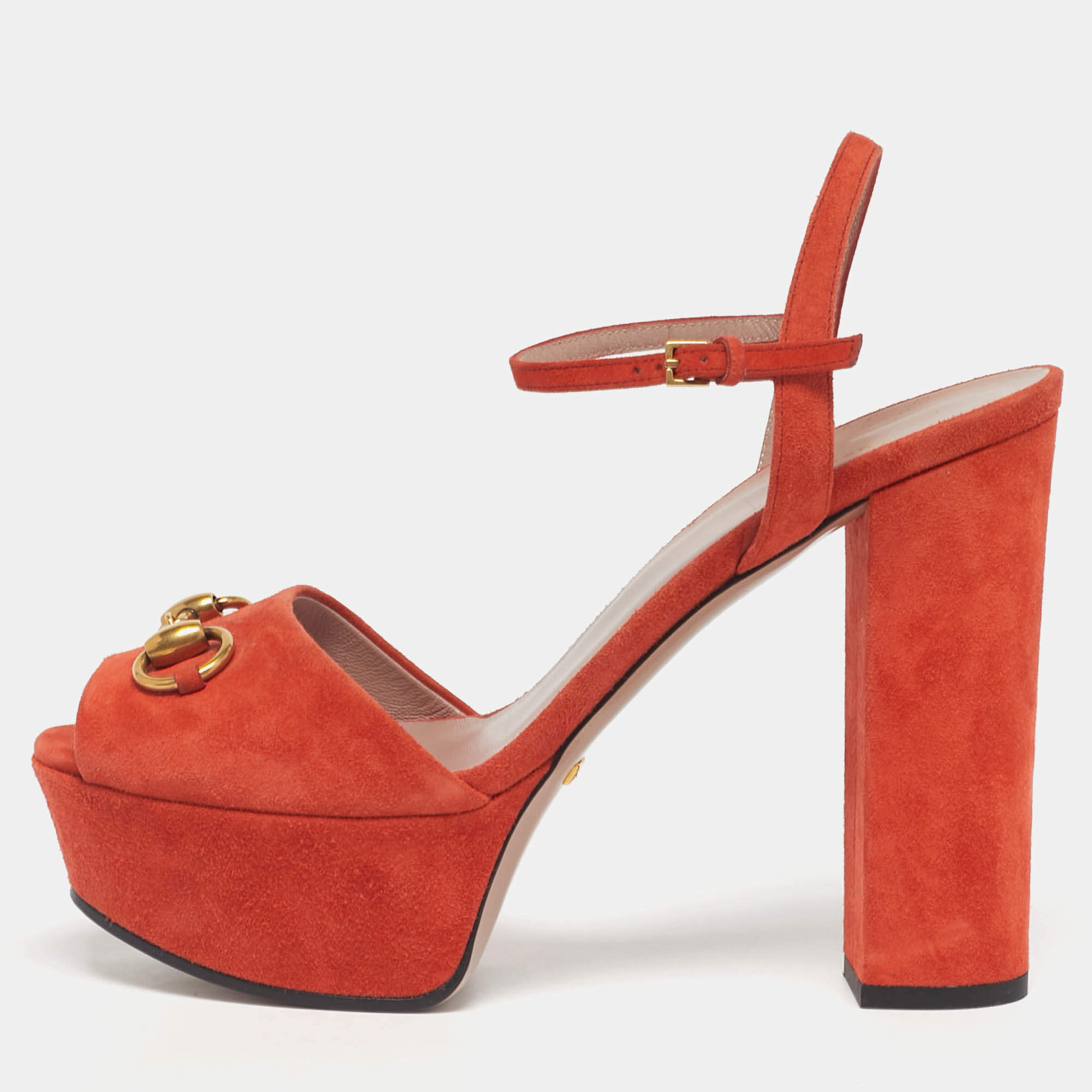 Pre Owned Gucci Orange Suede Horsebit Platform Ankle Strap Sandals Size 38