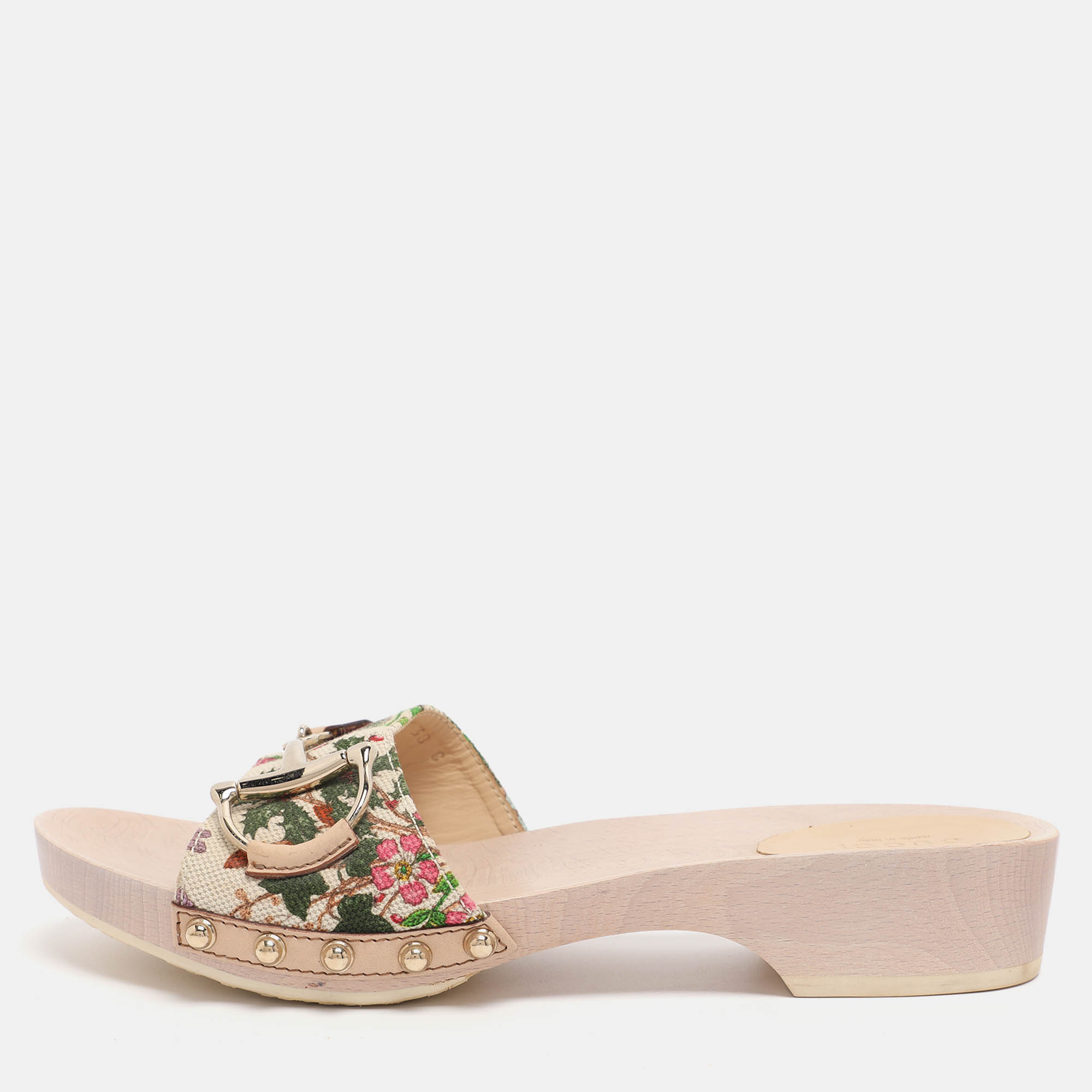 Pre Owned Gucci White Floral Print Canvas and Leather Icon Bit Wooden Clogs 38