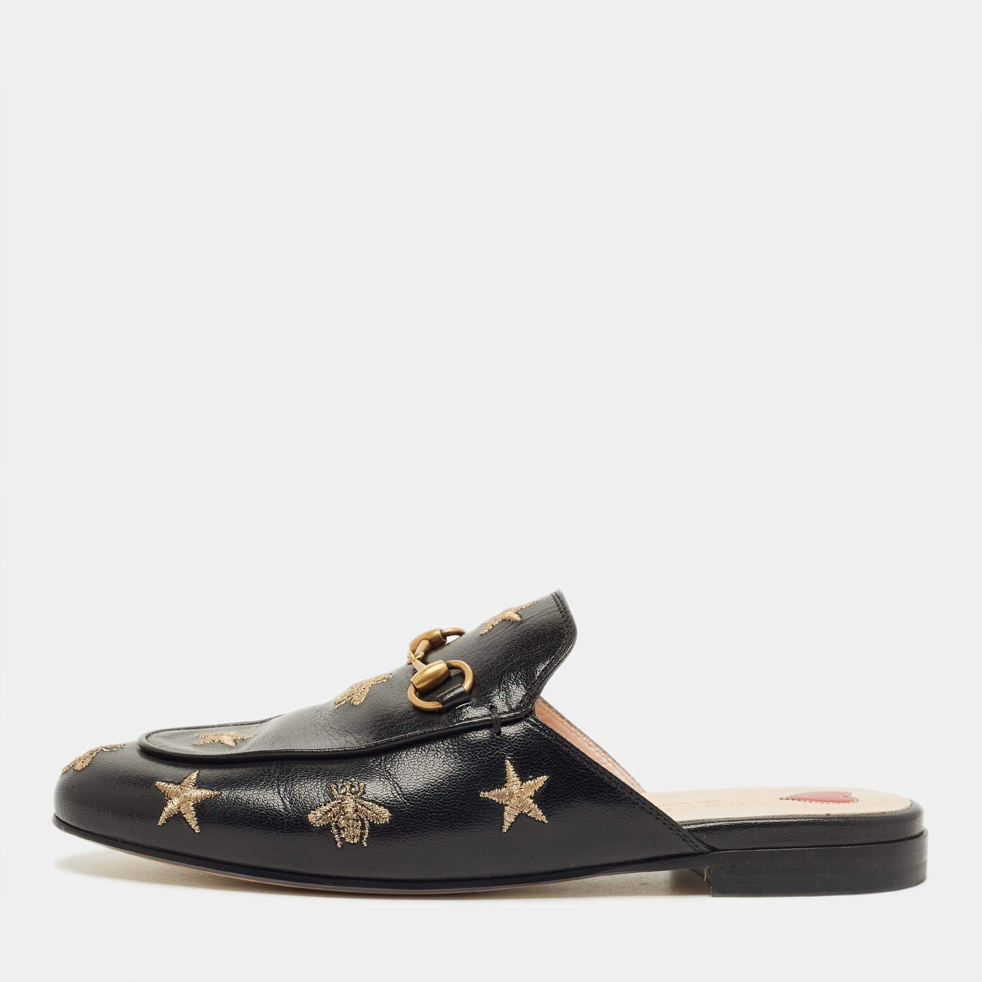 Pre Owned Gucci Black Leather Princetown Mules Size 36.5