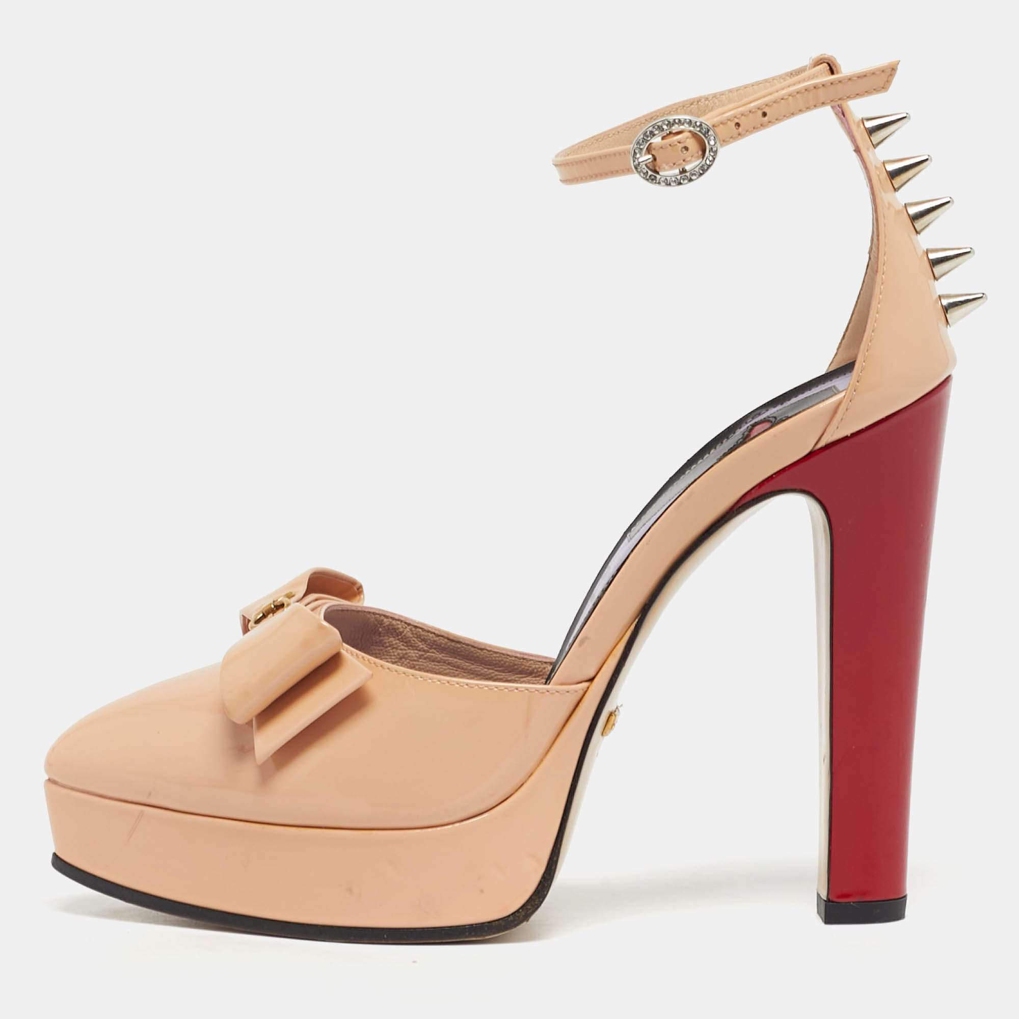 Pre Owned Gucci Beige Patent Leather Sadie Bow Spike Platform Pumps Size 36
