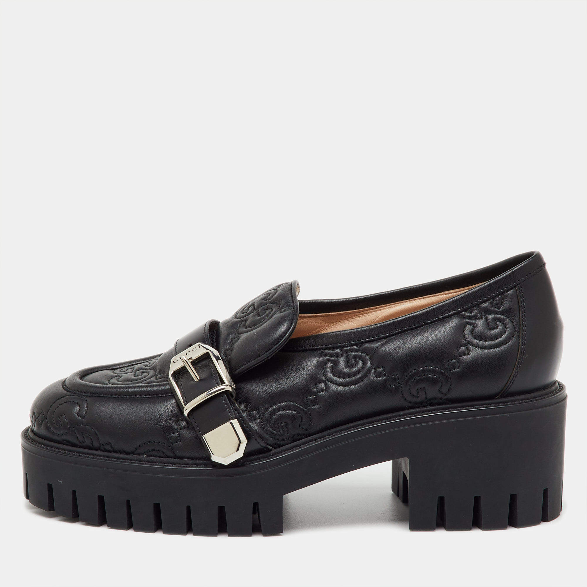 Pre Owned Gucci Black GG Matelasse Leather Platform Loafers Size 38.5