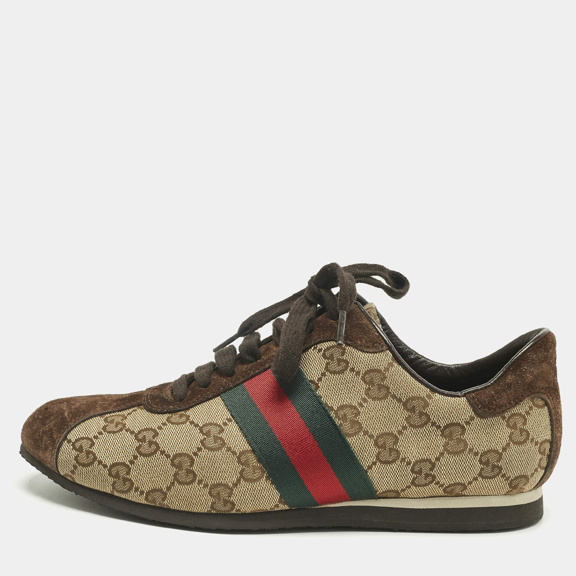 Pre Owned Gucci Brown/Beige Canvas and Suede Ace Lace Up Sneakers Size 38.5