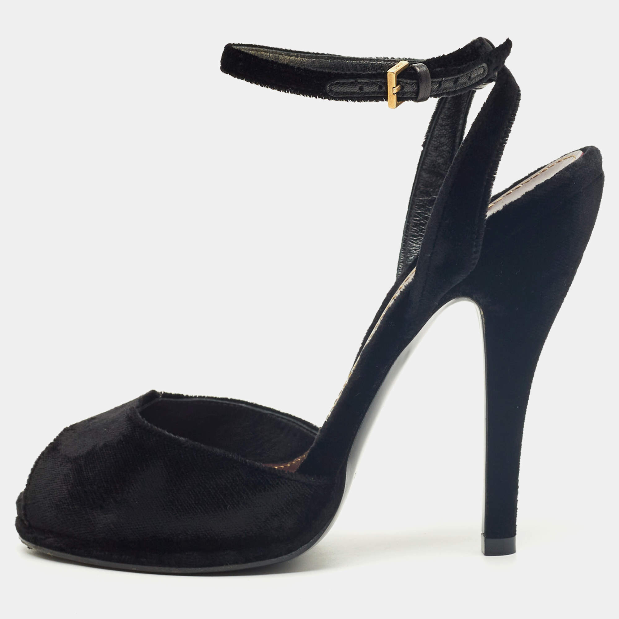 Pre Owned Gucci Black Velvet Peep Toe Ankle Strap Sandals Size 36.5