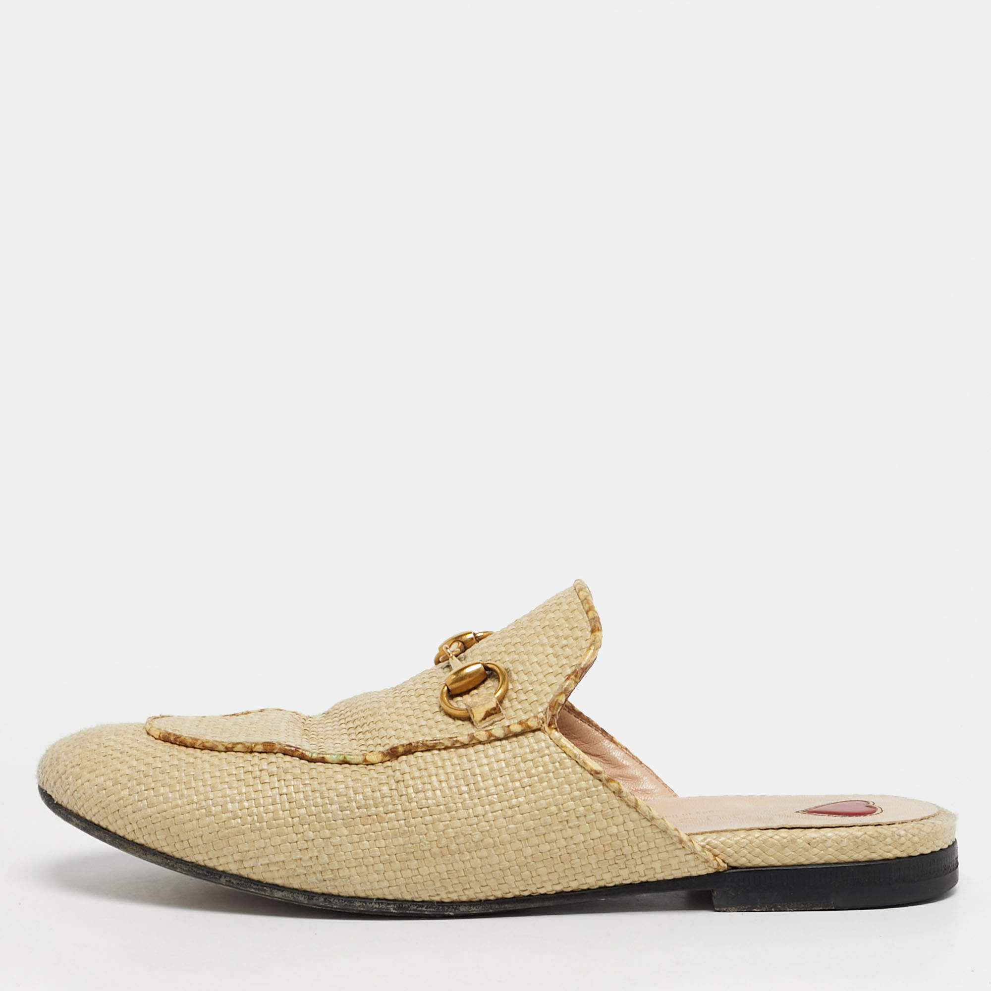 Pre Owned Gucci Beige Raffia and Snakeskin Leather Princetown Flat Mules Size 36