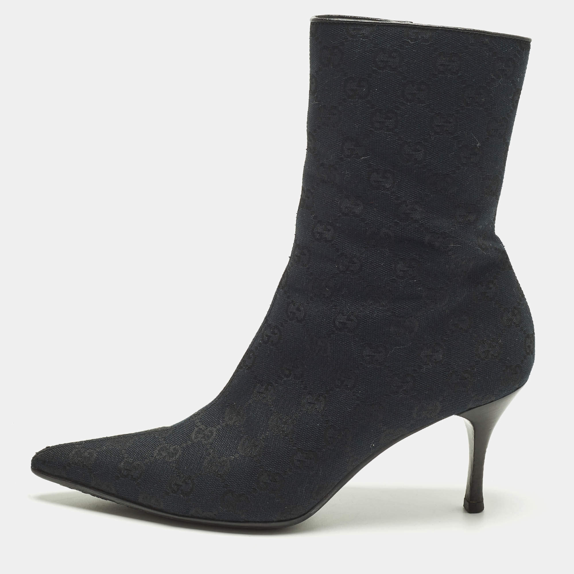 Pre Owned Gucci Navy Blue/Black GG Canvas Pointed Toe Ankle Length Boots Size 39