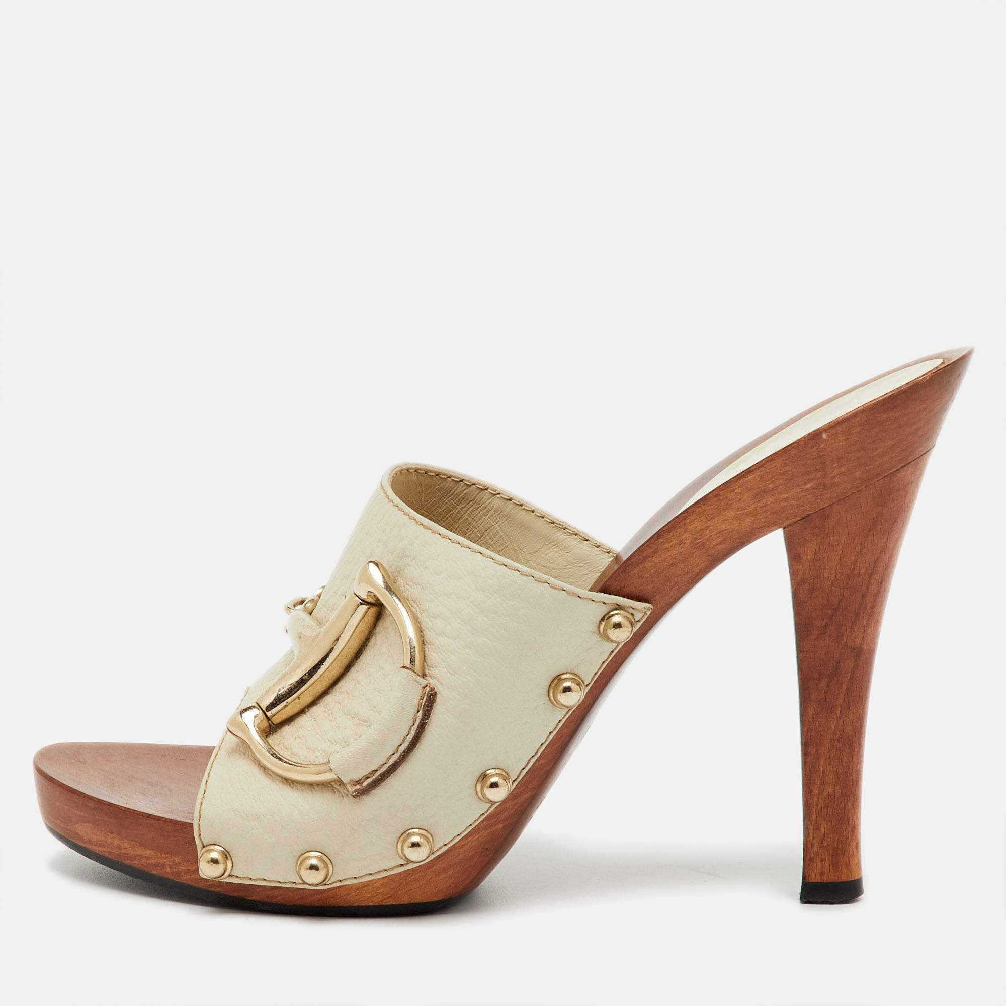 Pre Owned Gucci Off White Leather Icon Bit Platform Open Toe Clogs Size 36