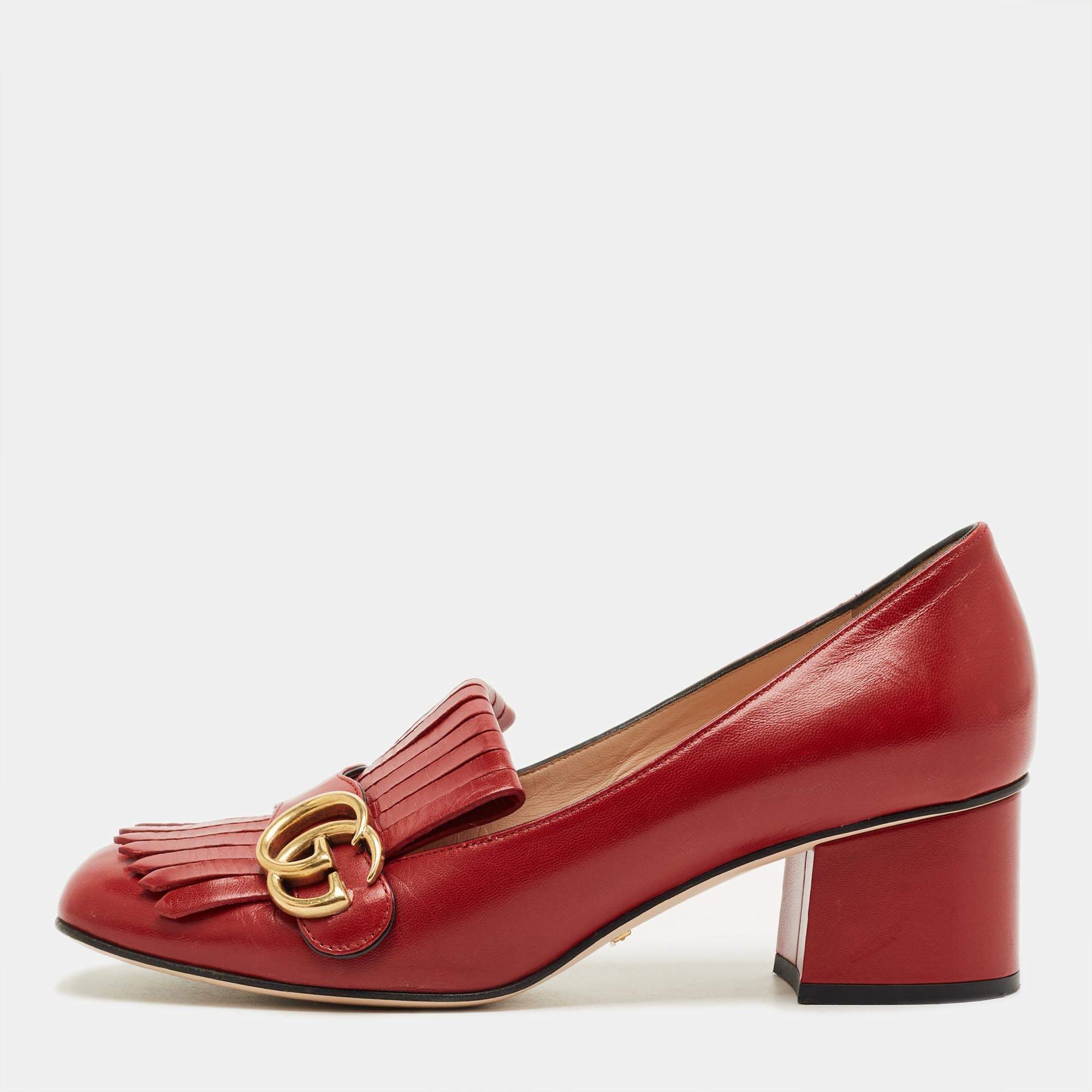 مملوكة مسبقًا Gucci Red Leather GG Marmont Fringe Block Heel Pumps Size 39