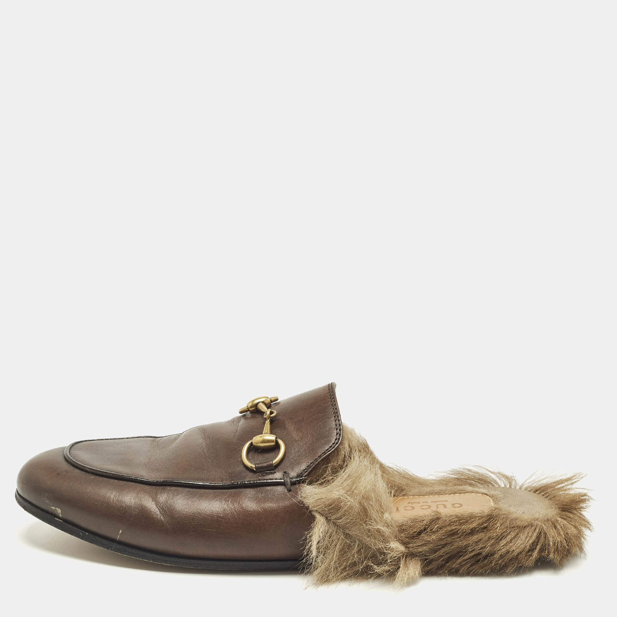 Pre Owned Gucci Brown Leather and Fur Princetown Horsebit Flat Mules Size 36