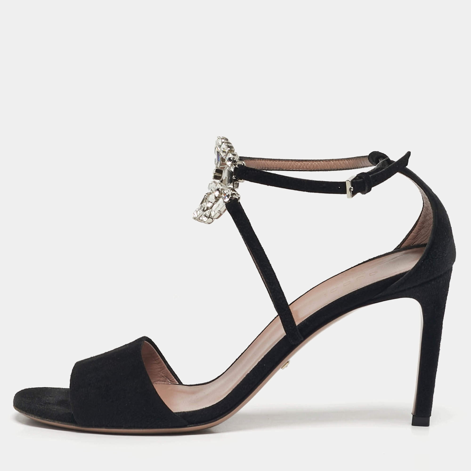 Pre Owned Gucci Black Suede Interlocking G Crystals Ankle Strap Sandals Size 38.5