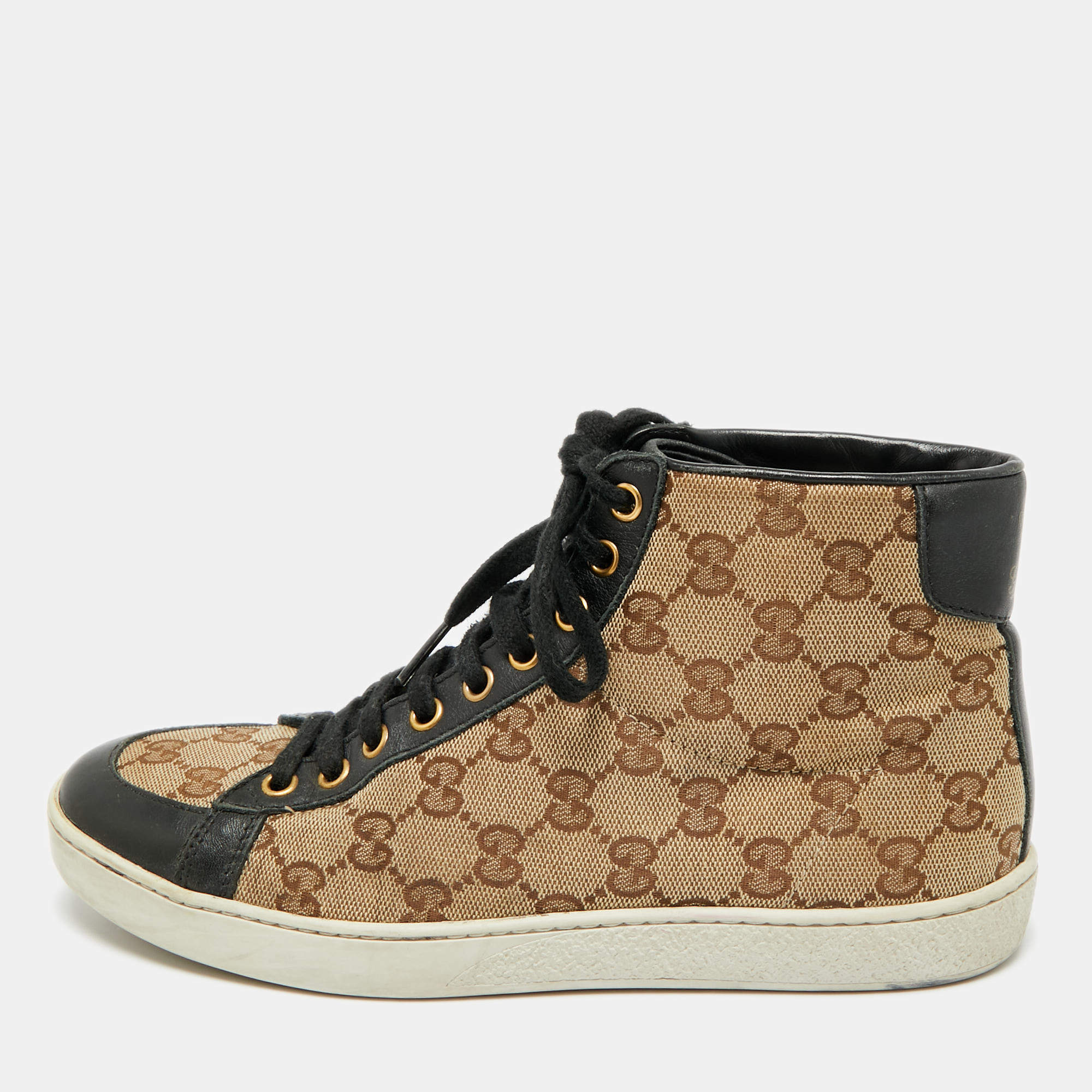 Pre Owned Gucci California Size 36.5 Brown/Navy Blue Coated Canvas and Leather High Top Sneakers