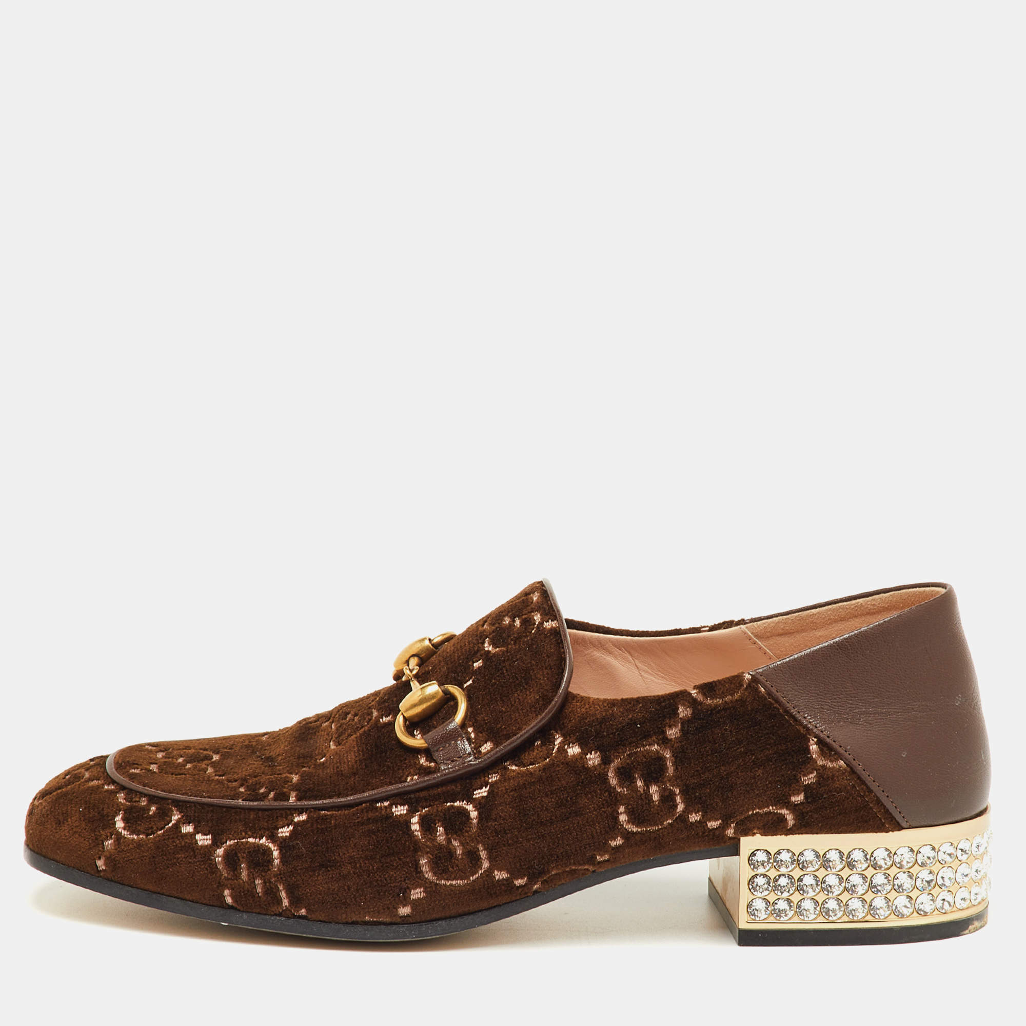مملوكة مسبقًا Gucci Mister Crystal Horsebit Size 40.5 Brown GG Velvet Loafers