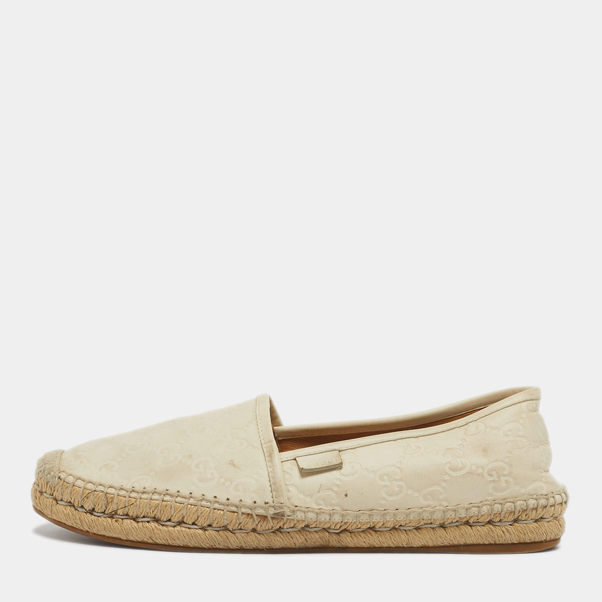 Pre Owned Gucci Size 39.5 Cream Leather Espadrille Flats