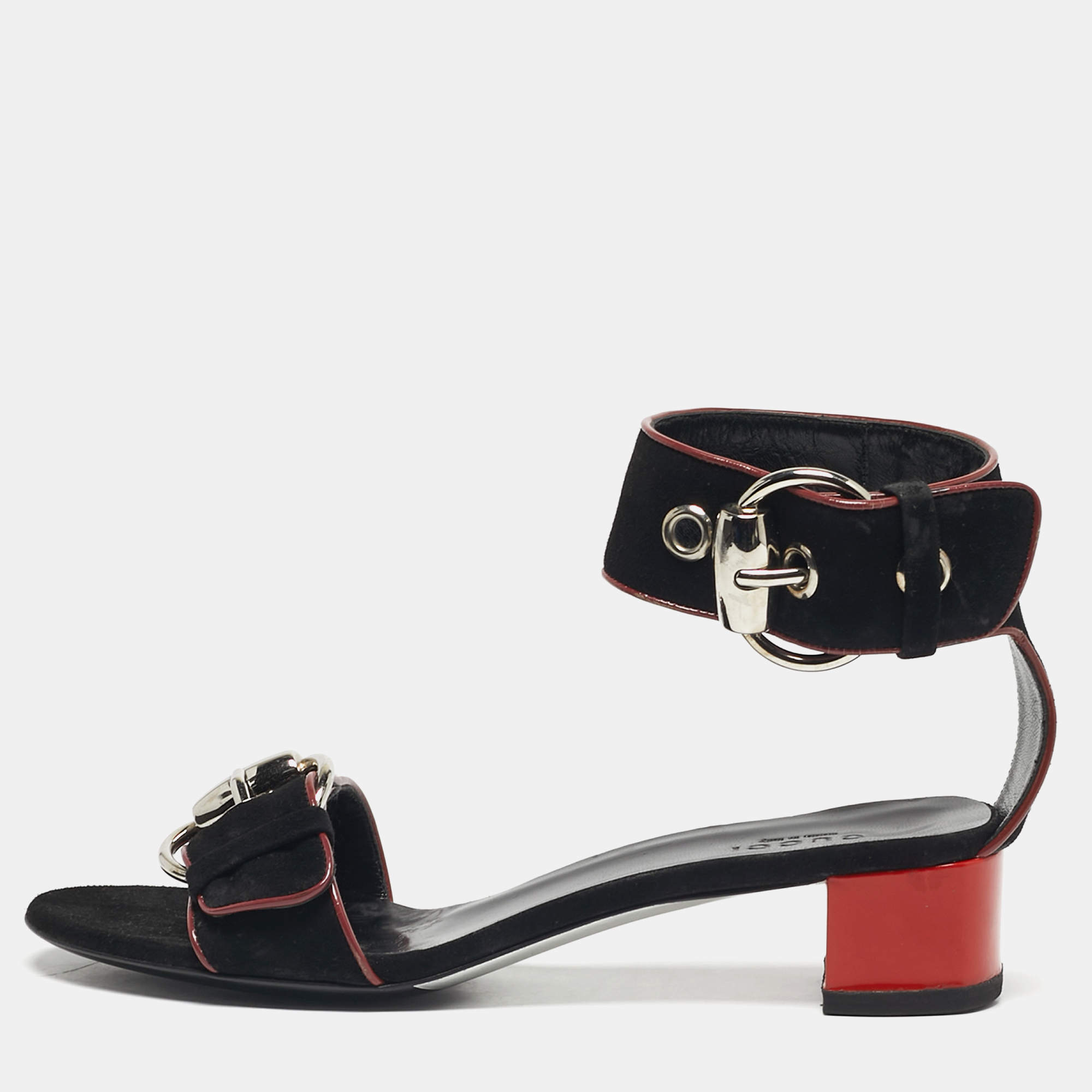 Pre Owned Gucci Size 35.5 Black Leather and Suede Ankle Strap Sandals