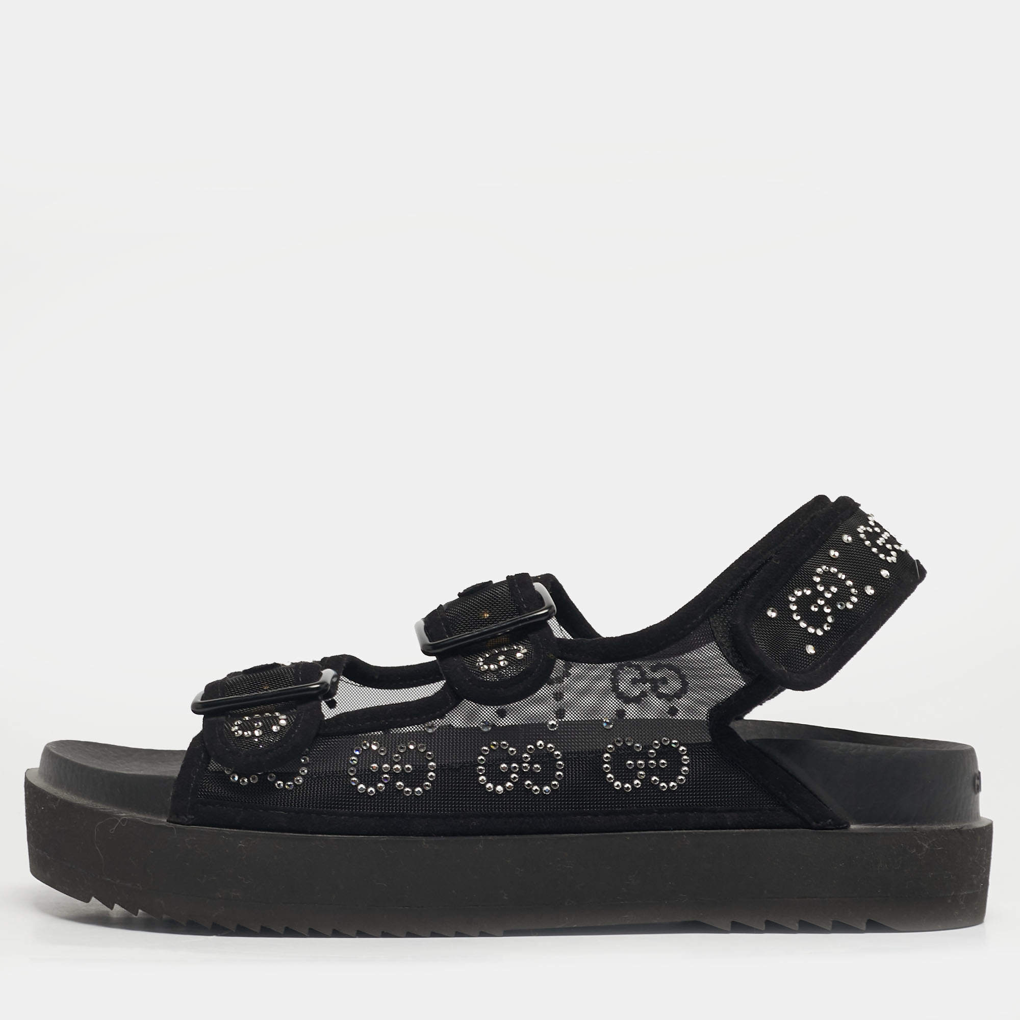 مملوكة مسبقًا Gucci Size 39 Black Mesh and Suede GG Crystal Embellished Platform Sandals