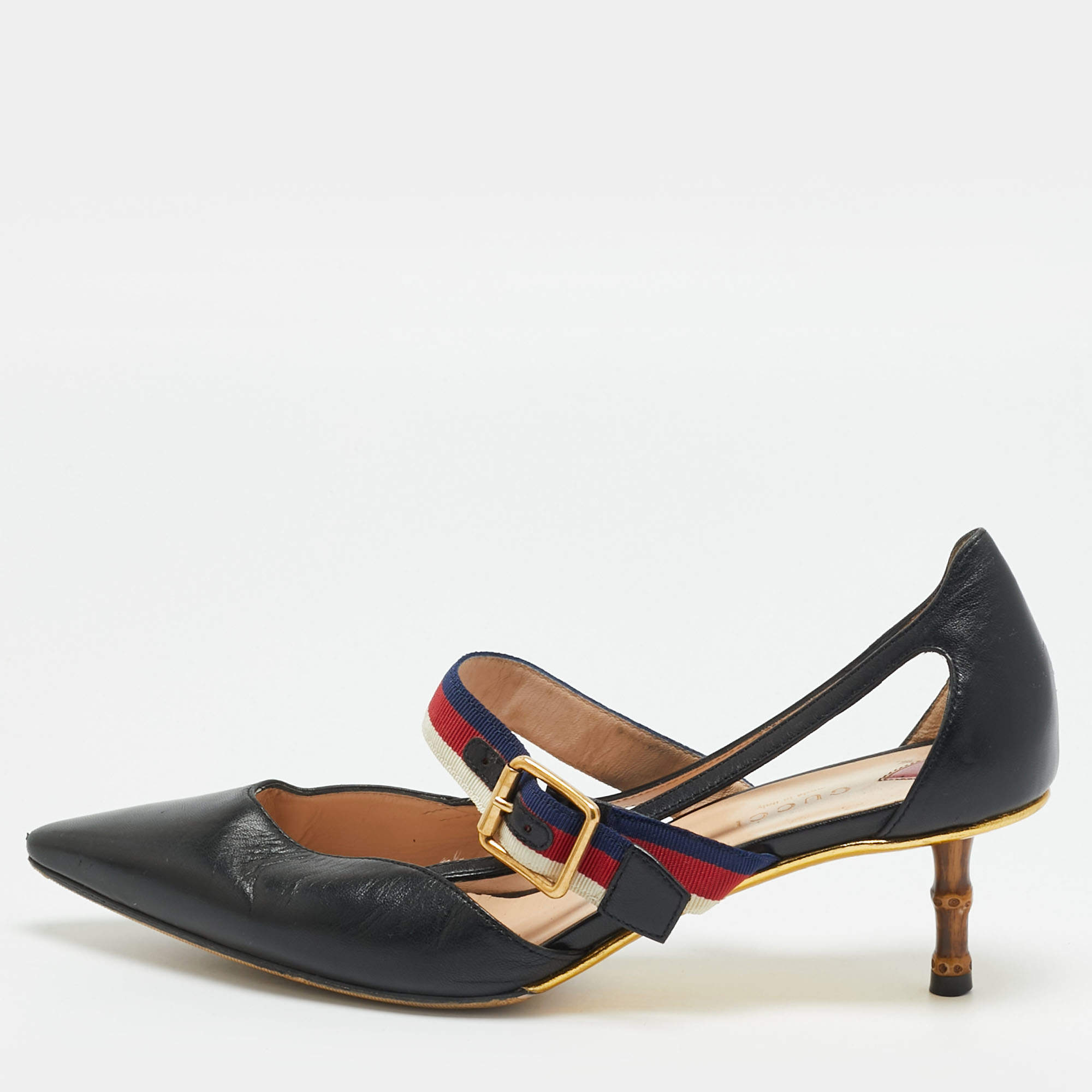 مملوكة مسبقًا Gucci Sylvie Size 38 Black Leather Pointed Toe Web Unia Mary Jane Pumps