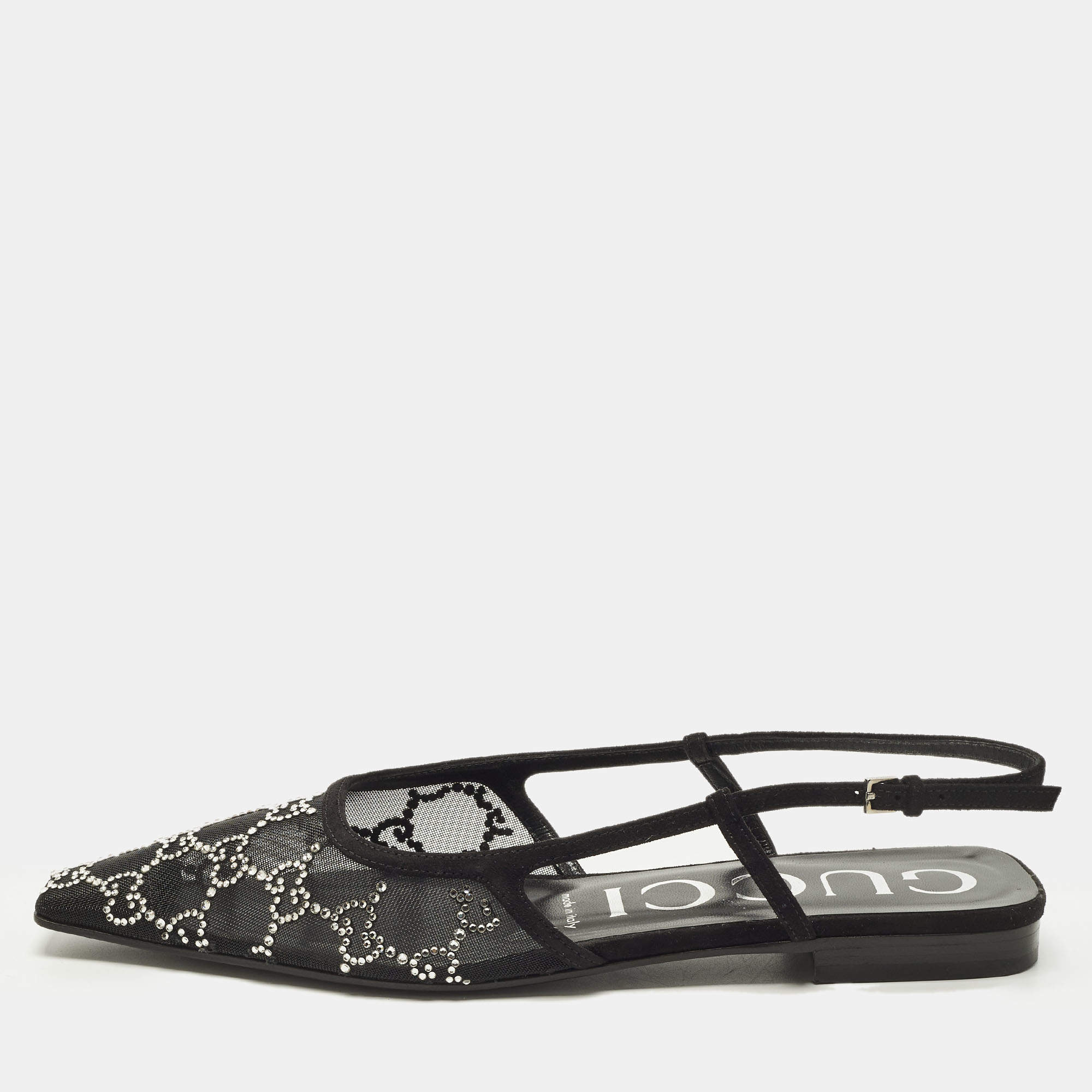 Pre Owned حذاء كعب عالي غوتشي سويد وأسود وشبك مزين بالكريستال بكعب مفتوح من الخلف مقاس 37