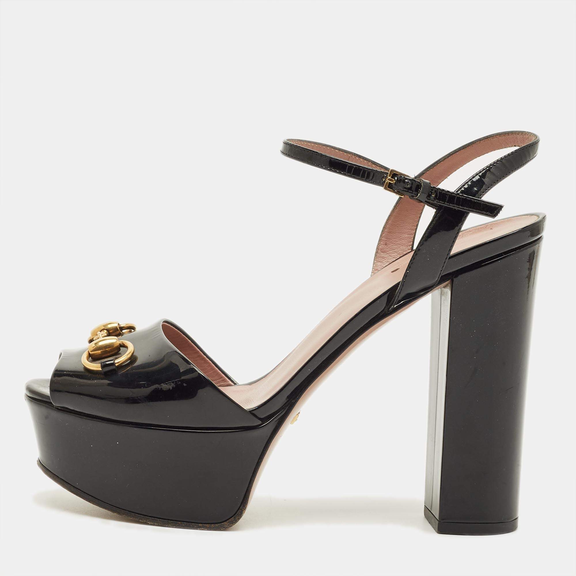 Pre Owned Gucci Claudie Size 38 Black Patent Leather Ankle Strap Sandals