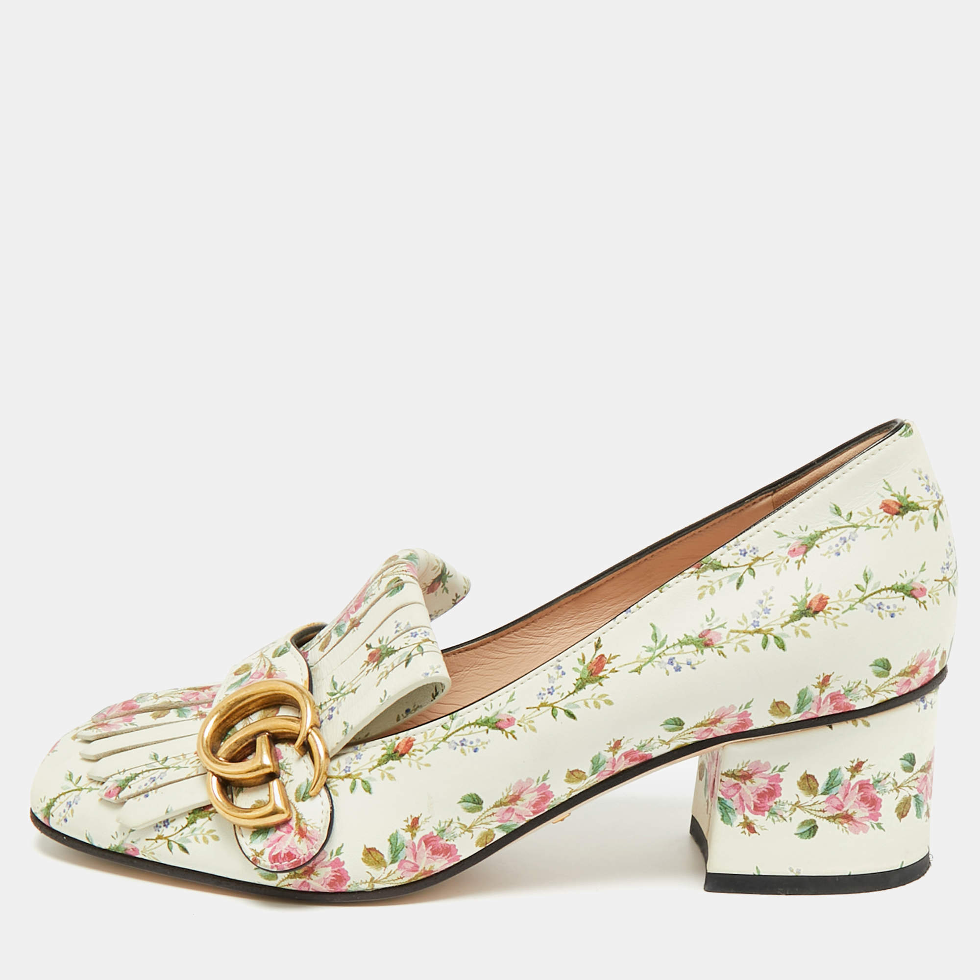 مملوكة مسبقًا Gucci Marmont Size 36 Multicolor Leather  Rose Print Fringe Pumps 