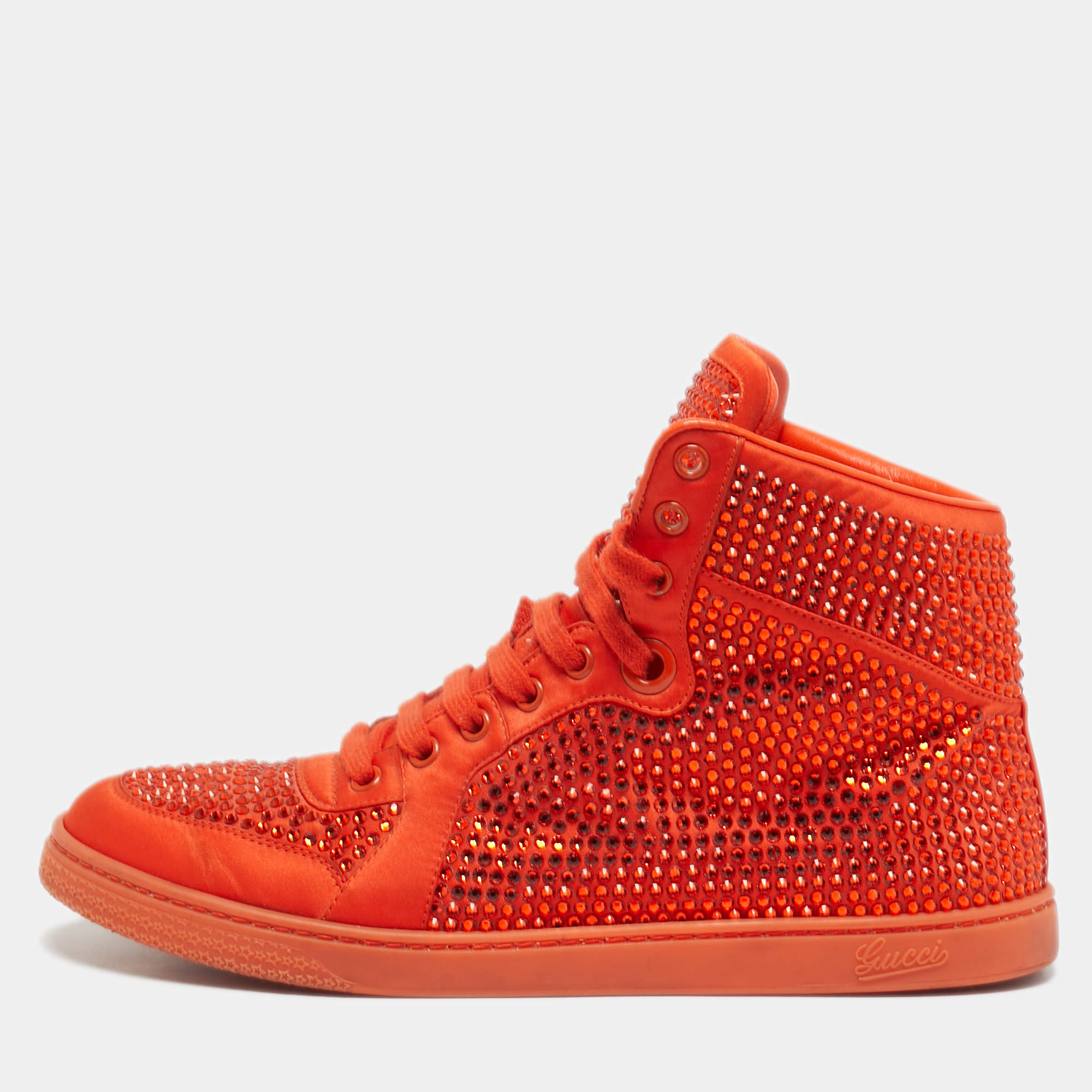 Pre Owned Gucci  Size 39.5 Orange Satin Crystal Studs High Top  Sneakers