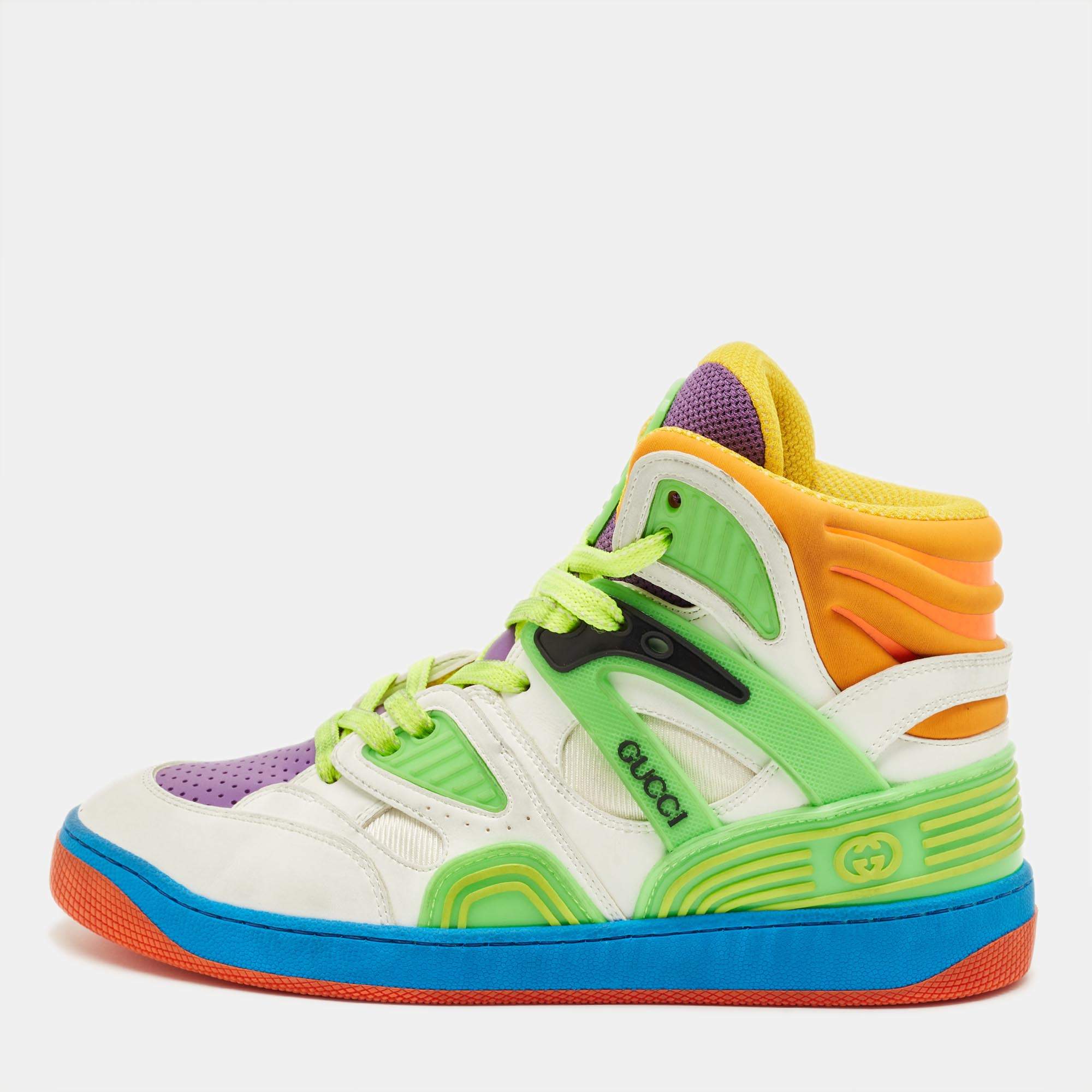 Pre Owned Gucci Basket Size 38 Multicolor Leather and Nubuck Leather High Top Sneakers