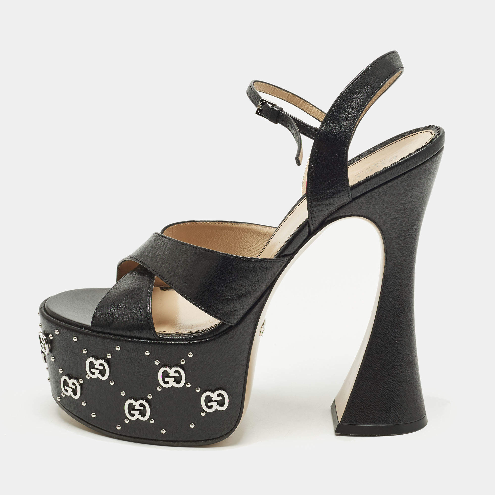 مملوكة مسبقًا Gucci Size 39 Black Leather GG Embellished Platform  Ankle Strap Sandals