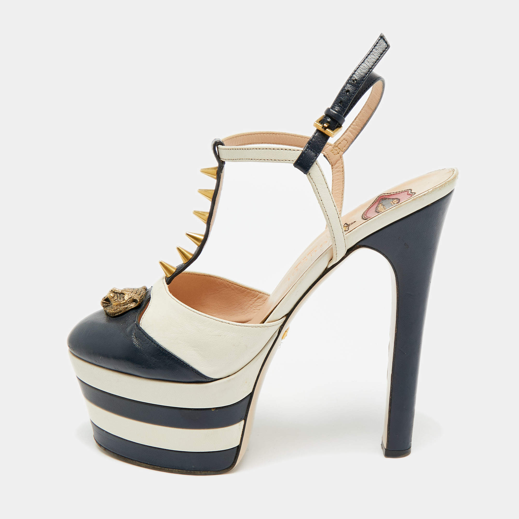 Pre Owned Gucci Angel Size 39 Navy Blue/Cream  Leather Spikes Embellished Platform Pumps