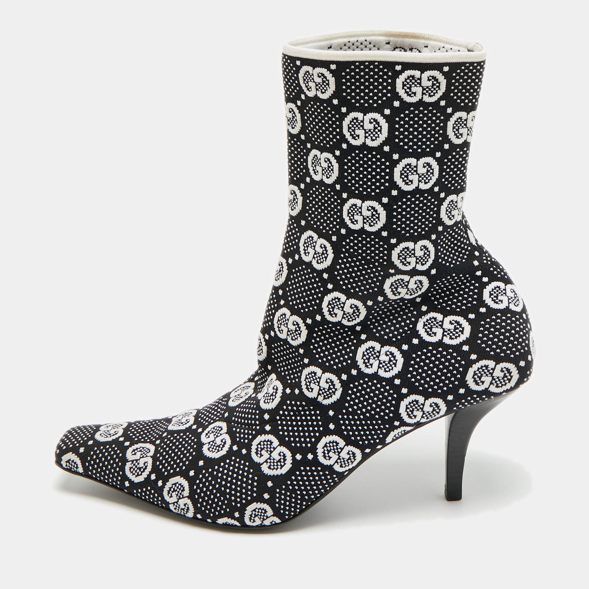 Pre Owned Gucci GG Size 39.5 Black Knit Fabric Sock Boots                