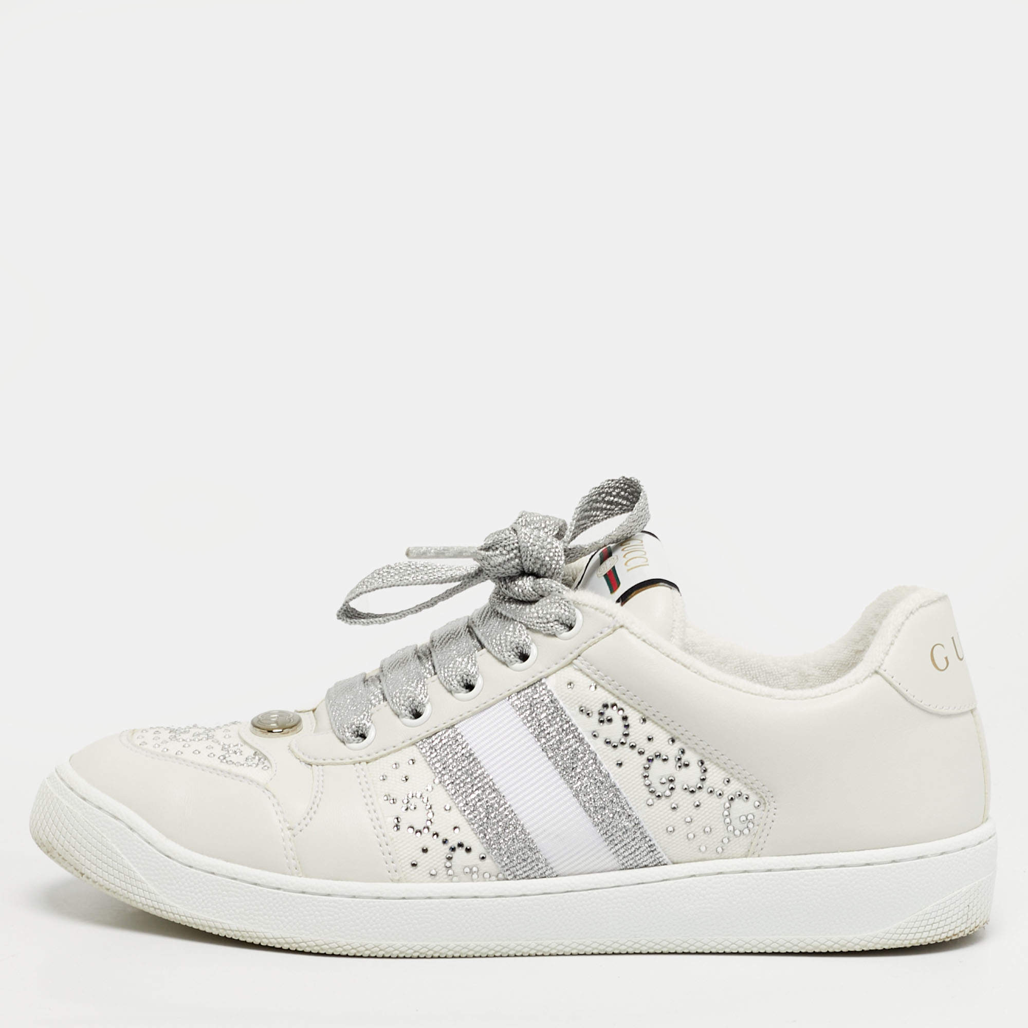 Pre Owned Gucci Screener Size 38 White Canvas and Leather Crystal Embellished Lace Up Sneakers