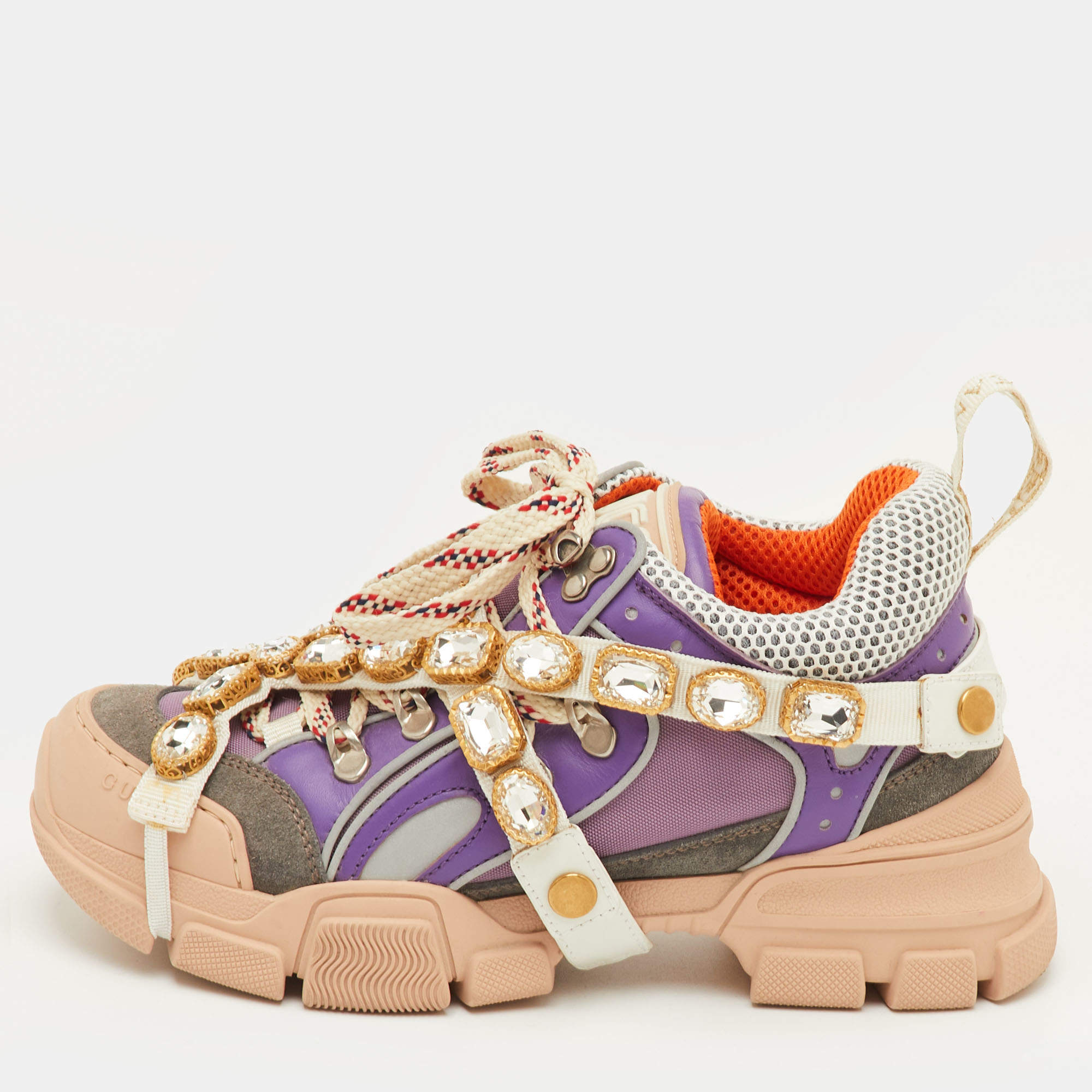 Pre Owned حذاء رياضي غوتشي "فلاش تريك" شبكي وجلد متنوع الألوان بأحجار كريستال قابلة للإزالة مقاس 37.5