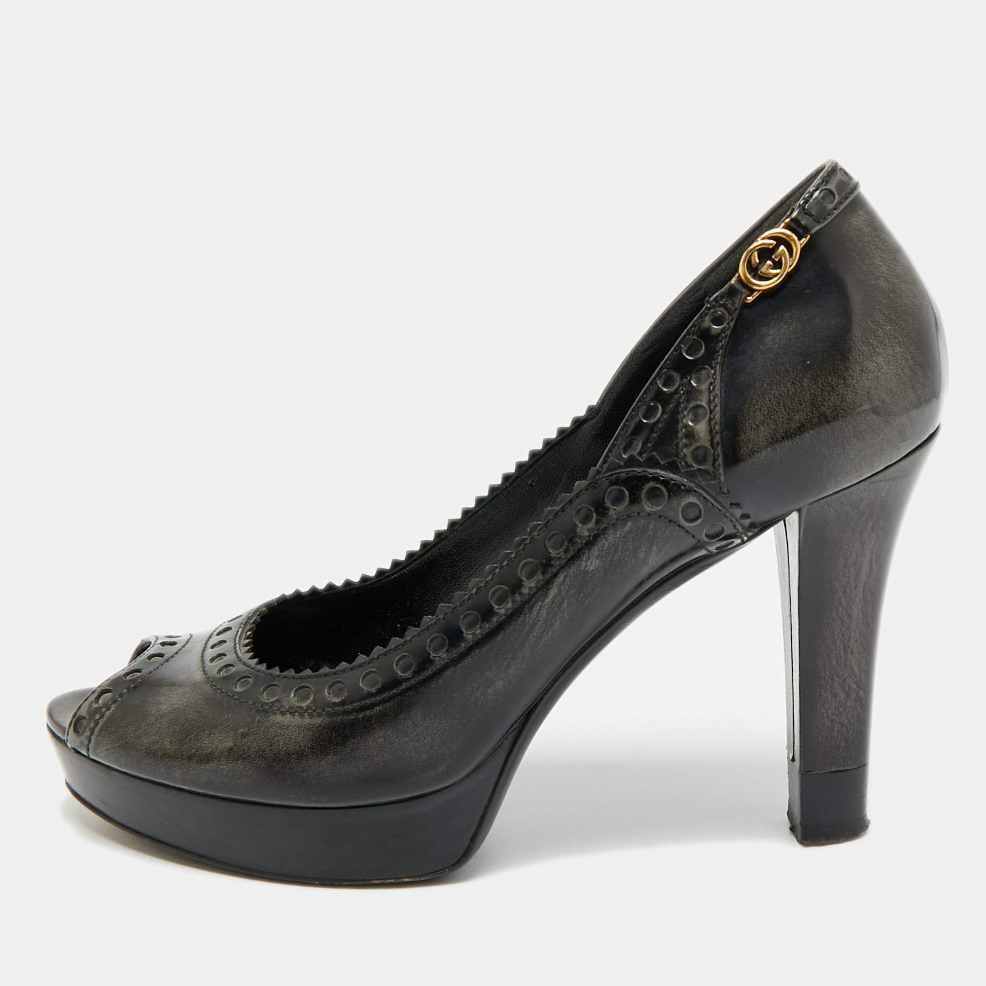 مملوكة مسبقًا Gucci Size 37.5 Black/Grey Leather Platform Peep Toe Pumps
