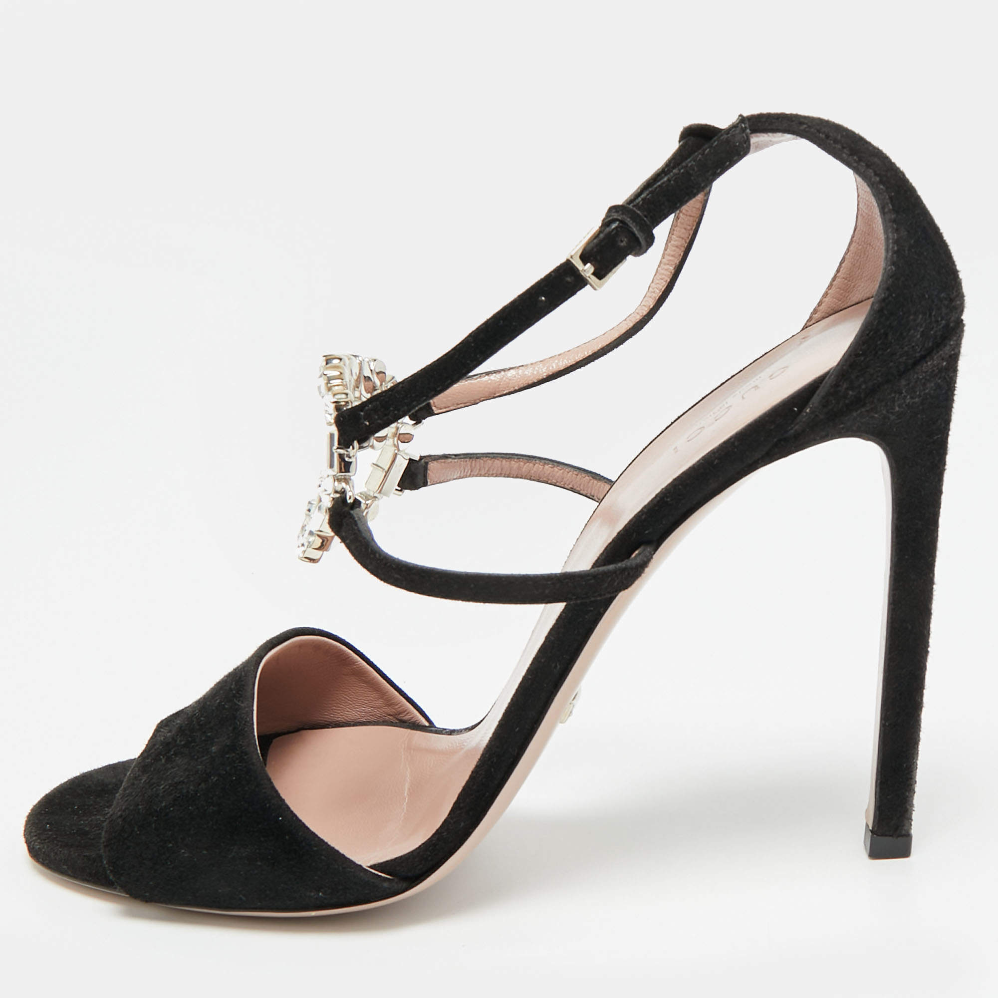 Pre Owned Gucci GG Size 40 Black Suede  Crystal Embellished GG Interlock Ankle Strap  Sandals