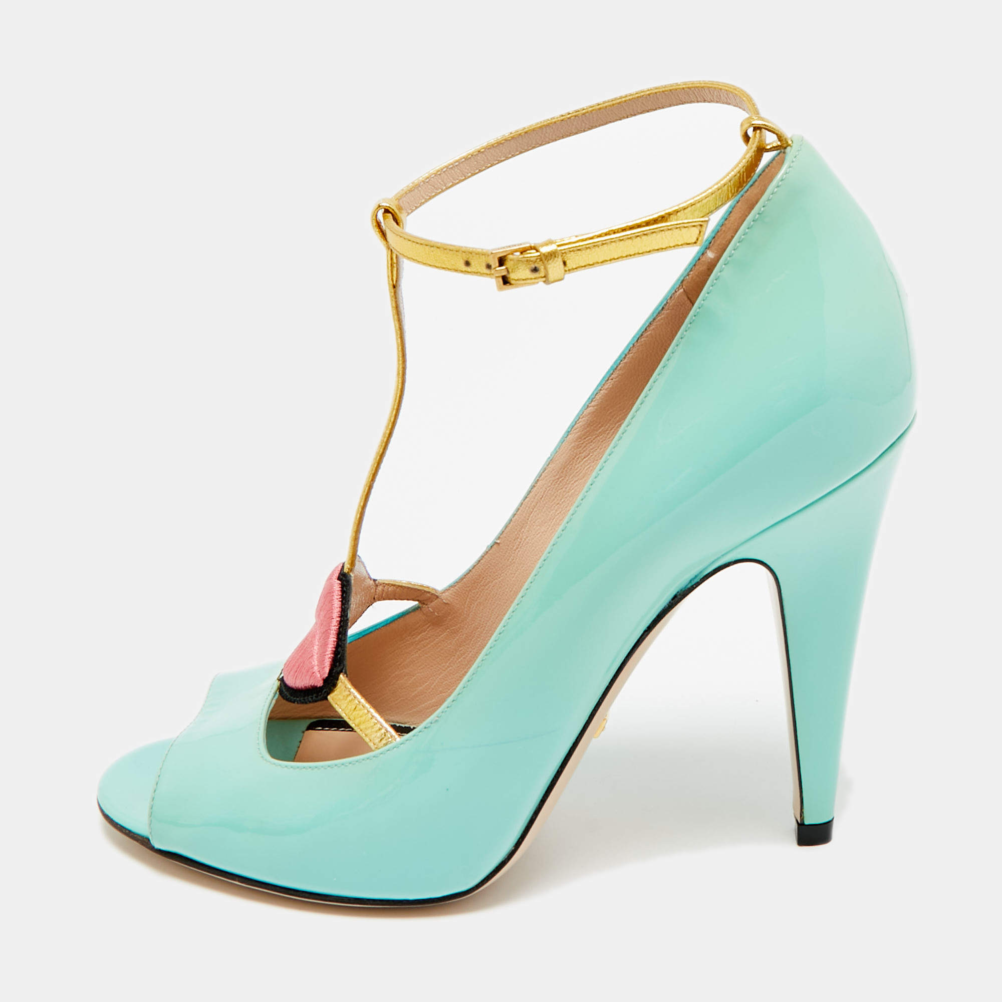Pre Owned Gucci Molina Size 38 Light Turquoise/Gold Patent and Leather T-Strap Pumps