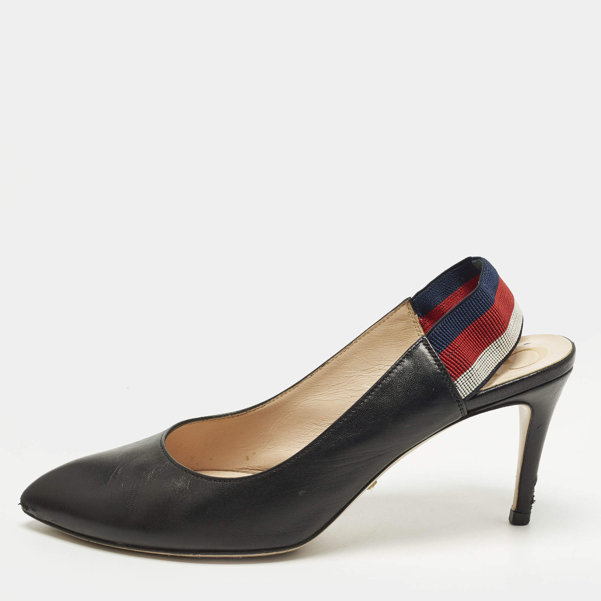 مملوكة مسبقًا Gucci Sylvie Size 36.5 Black Leather Web Slingback Pumps