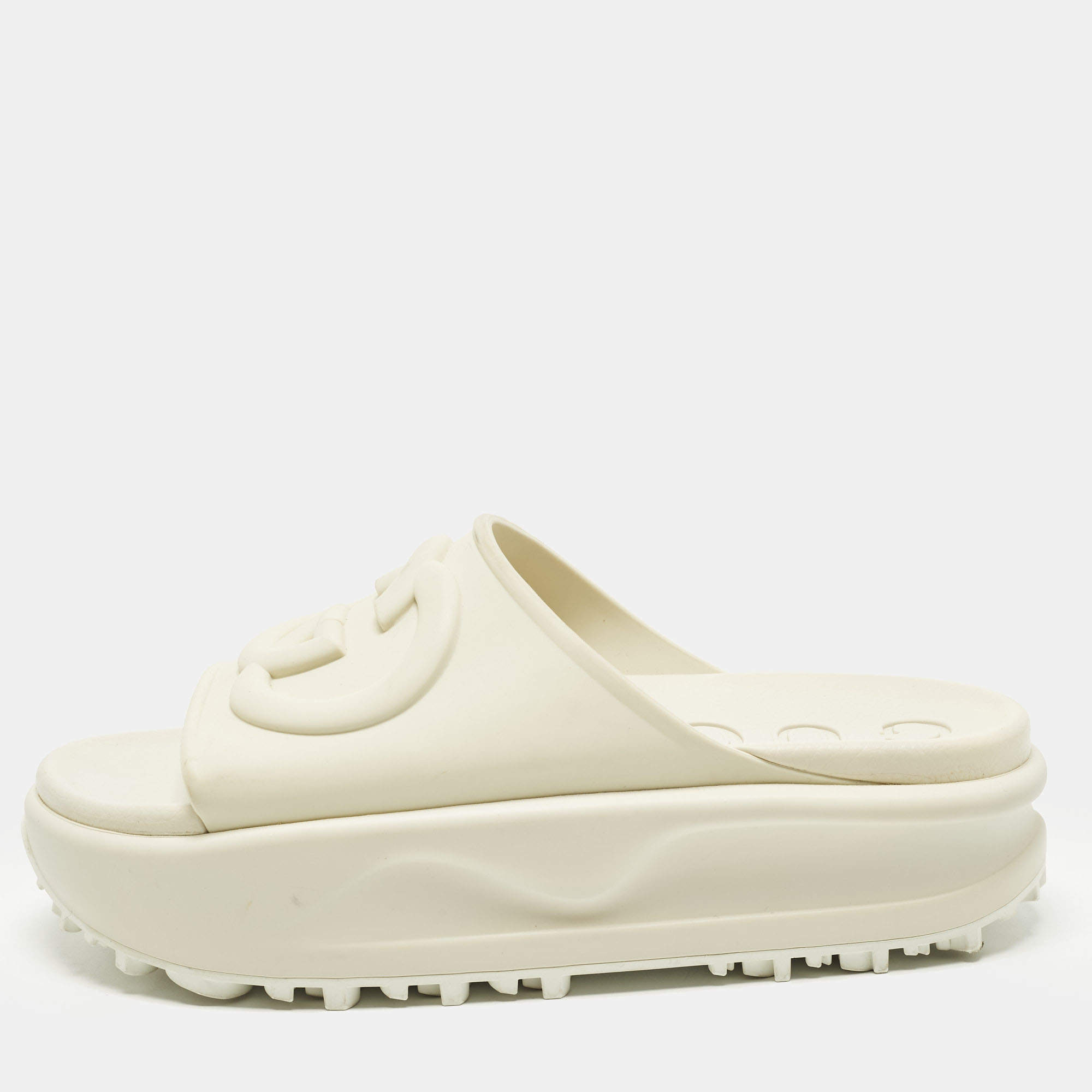 Pre Owned Gucci GG Size 38 Beige Rubber Platform Slide Sandals