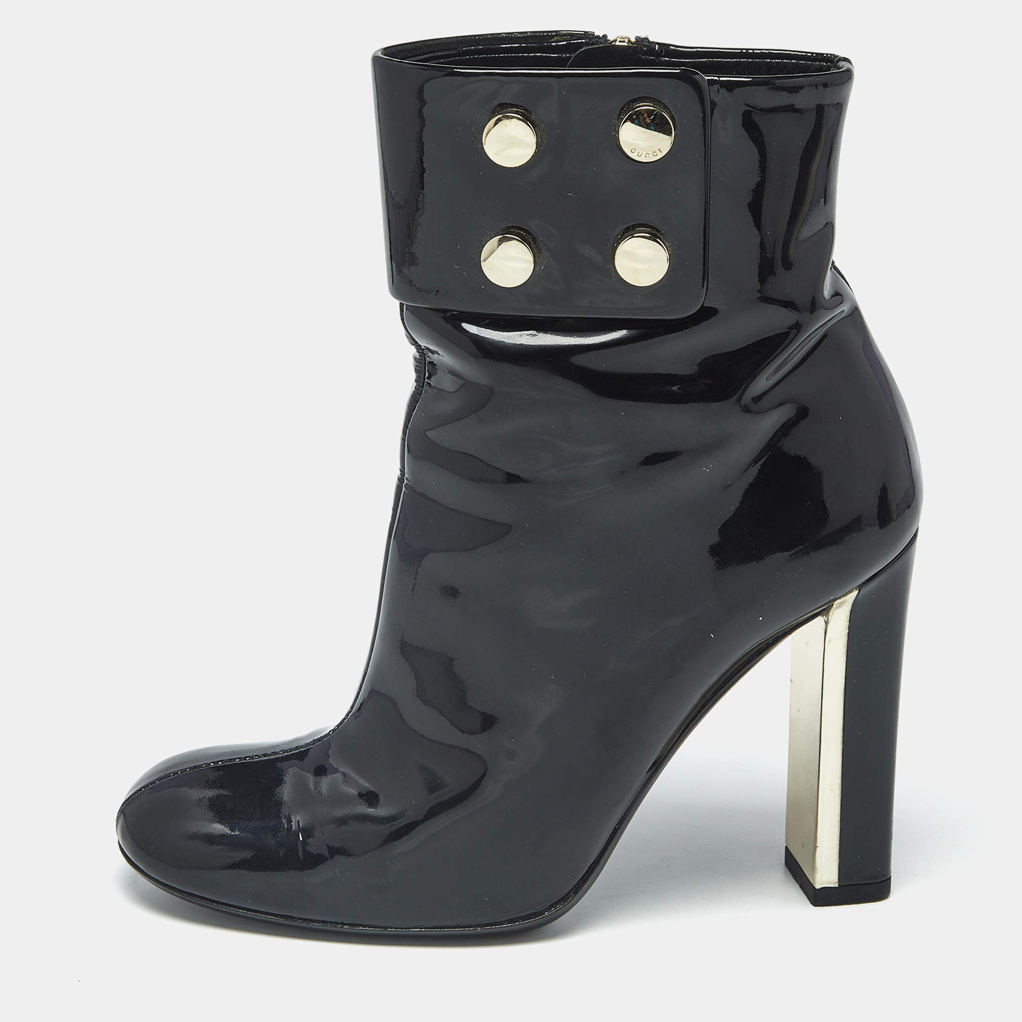 Pre Owned حذاء بوت كاحل غوتشي فيرنيس جلد لامع أسود مقاس 36.5