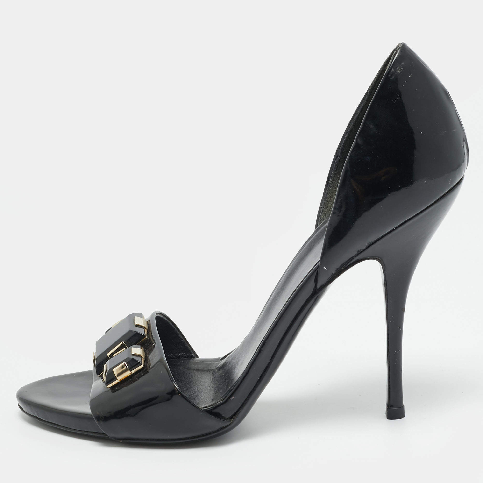 Pre Owned Gucci Size 39 Black Patent Leather Crystal Embellished Sandals