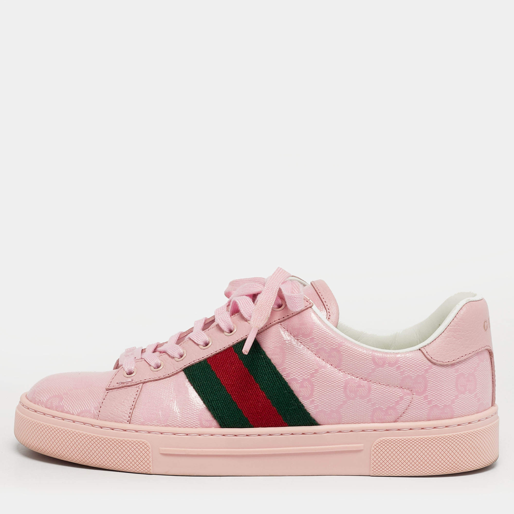 Pre Owned Gucci Ace Size 36.5 Pink Leather Web Lace Up Sneakers
