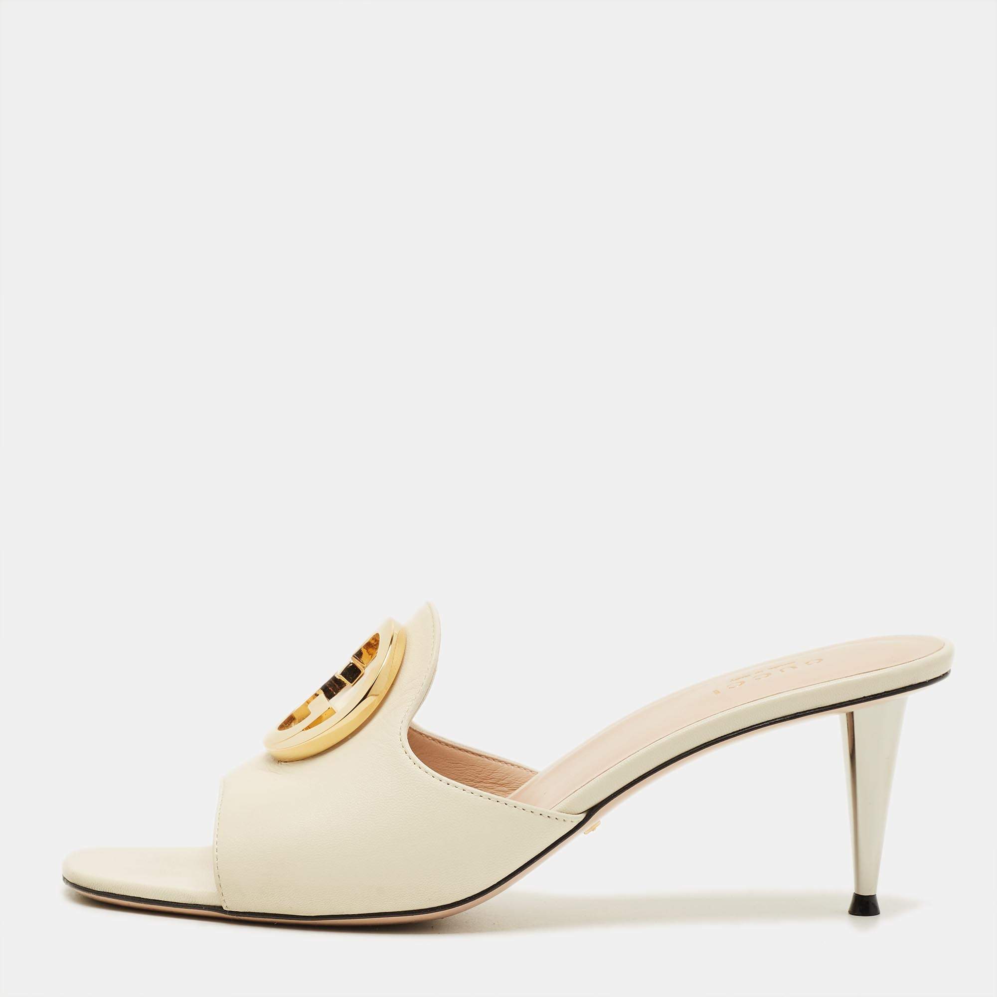 Pre Owned Gucci Blondie Size 38.5 White Leather Slide Sandals