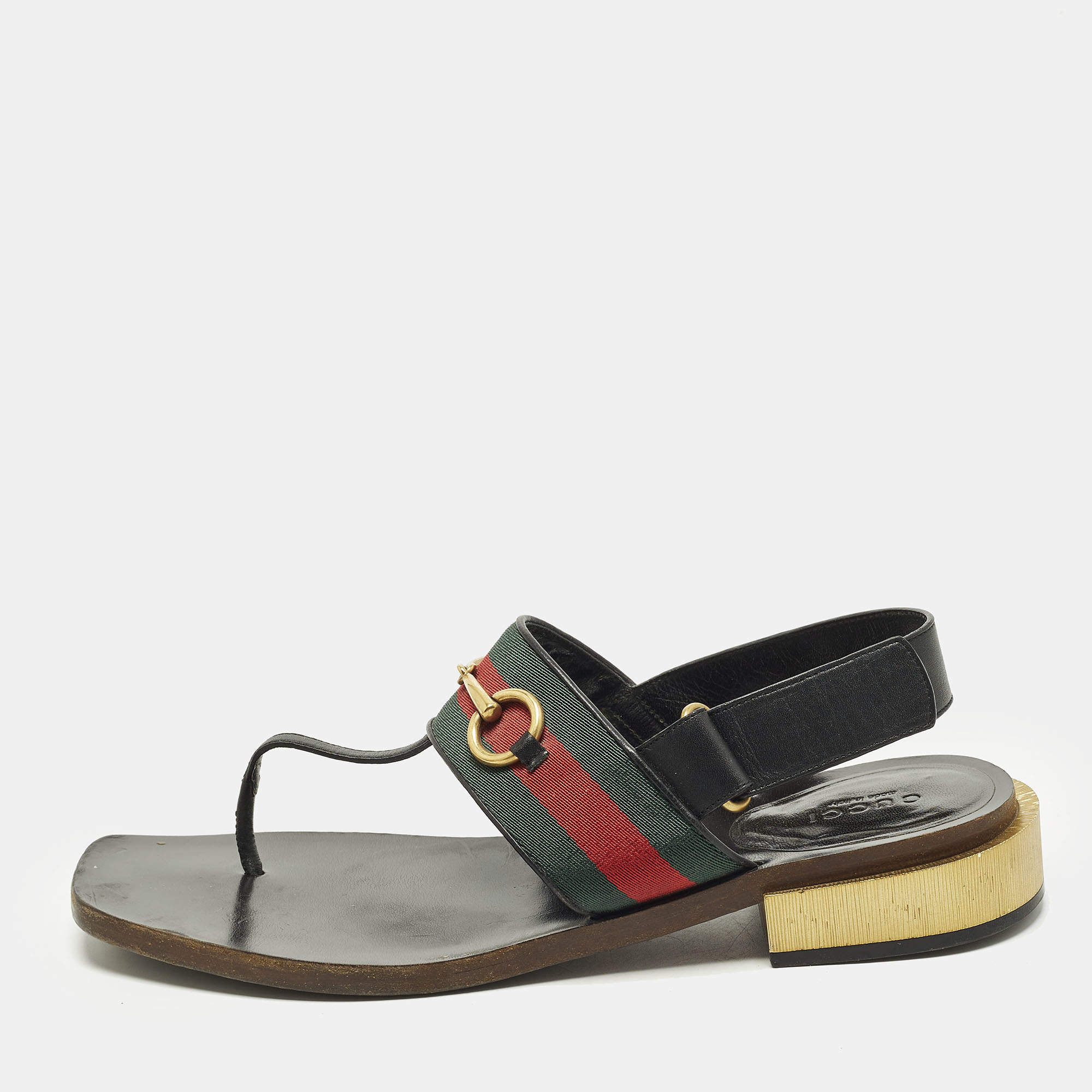 Pre Owned Gucci GG Web Size 40 Black Leather Horse bit Thong  Slingback Flat Sandals