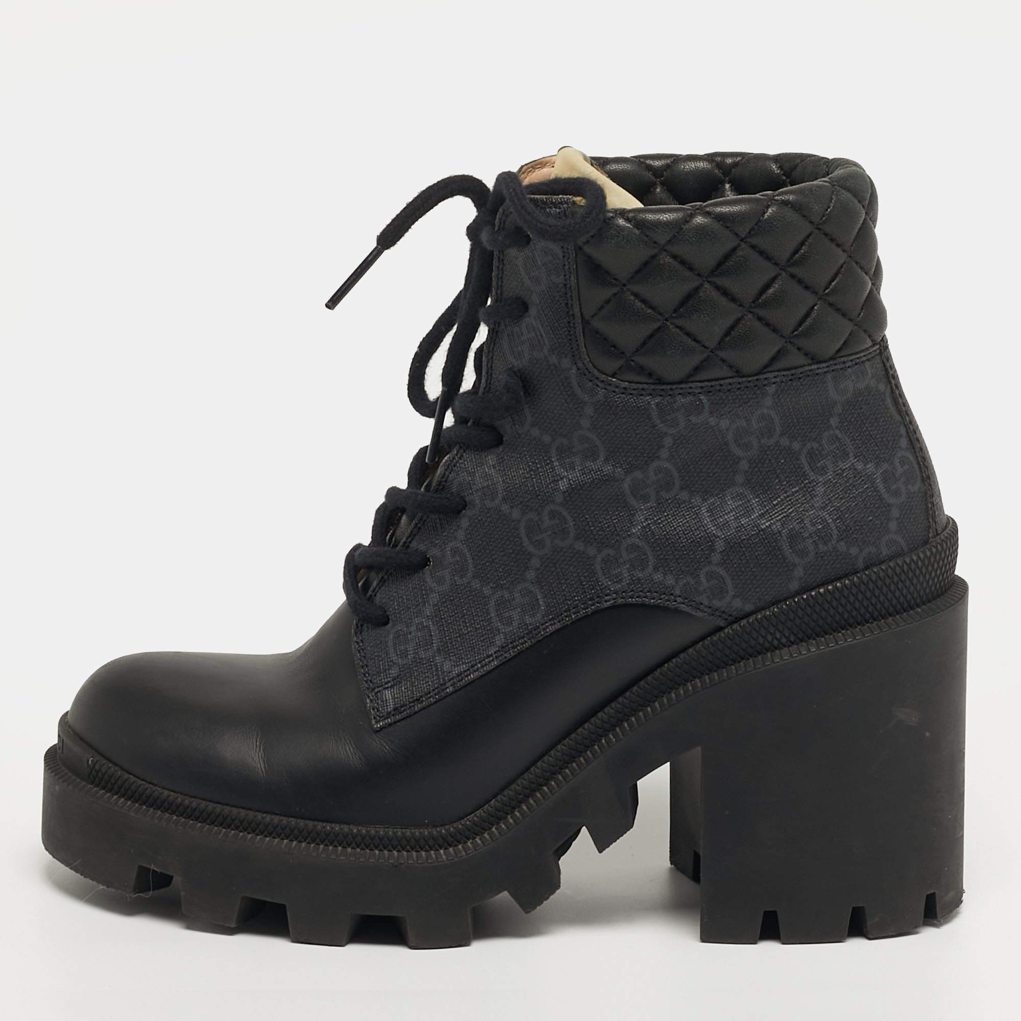 Pre Owned Gucci Size 37 Black Canvas and Leather GG Ankle Boots