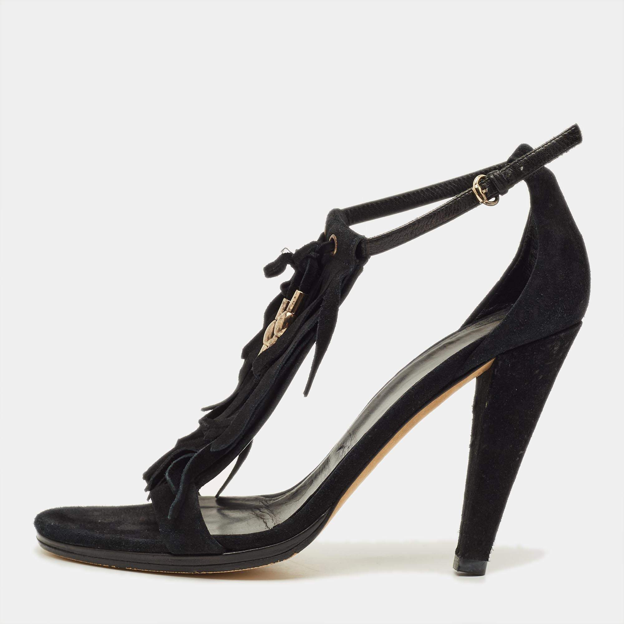 Pre Owned صندل إصبع غوتشي مزين شراشيب و فيونكة بفتحة كعب سويدي بني مقاس 39.5