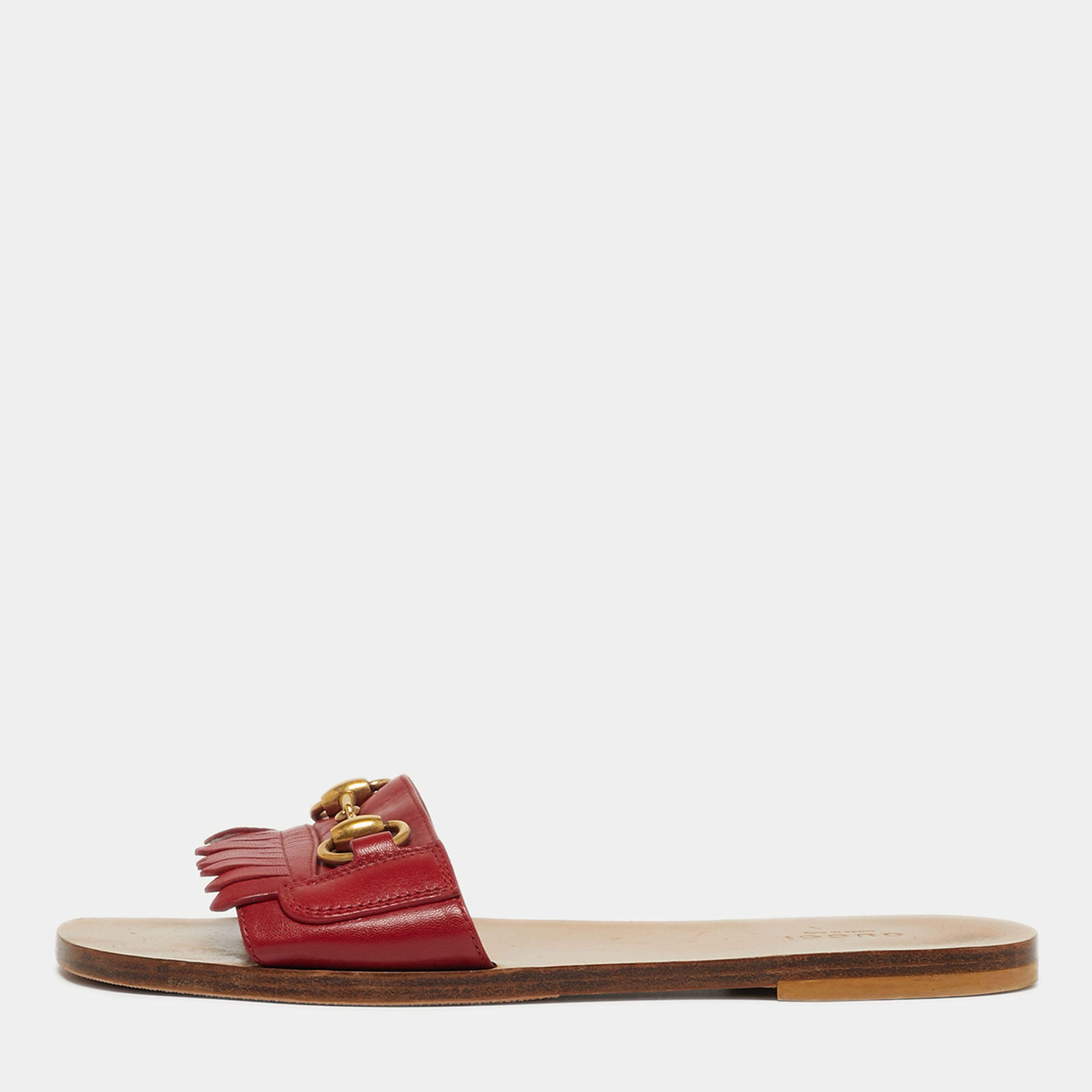 Pre Owned Gucci Horsebit Size 38 Red Leather Flat Slide