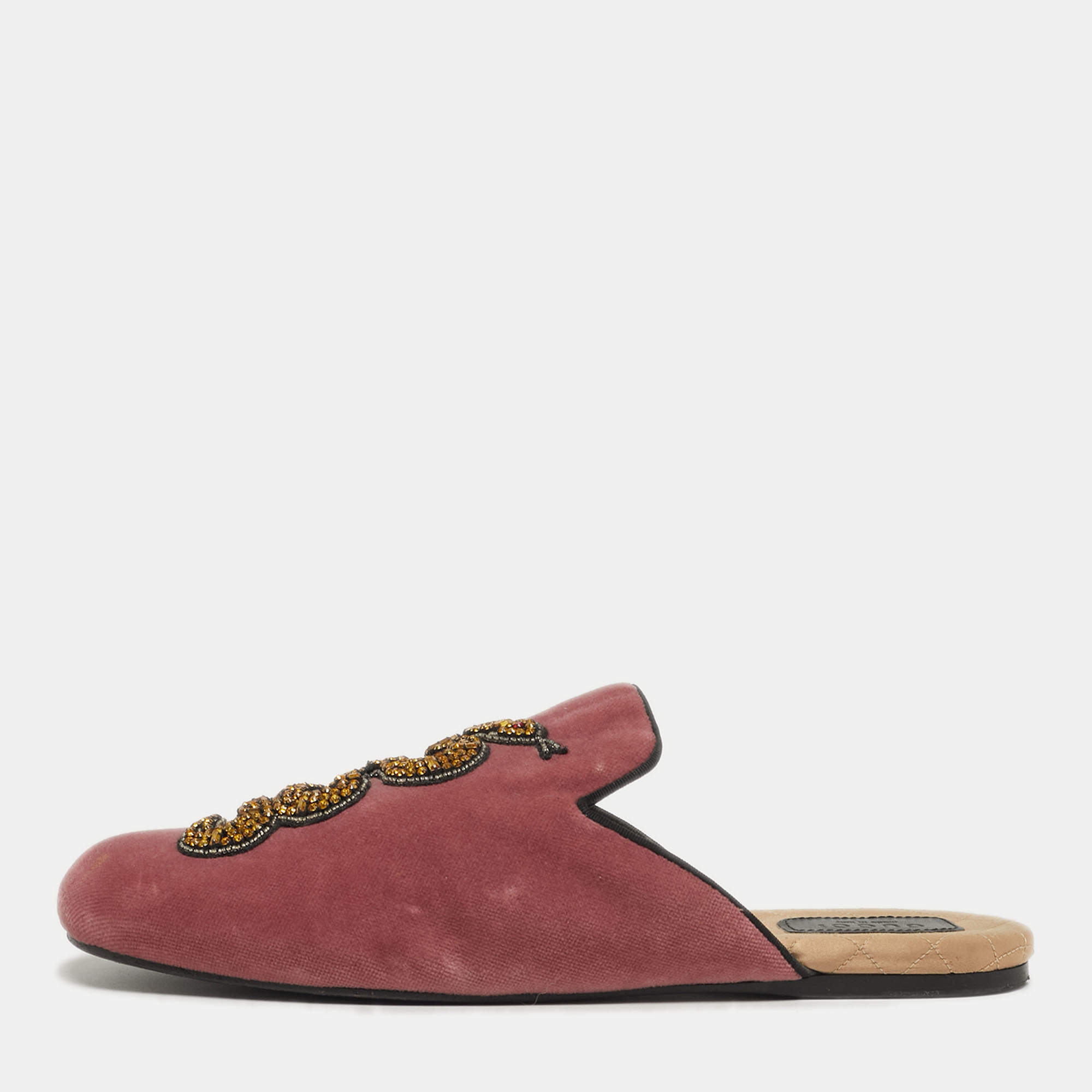 Pre Owned Gucci Lawrence Size 40.5 Pink Velvet Crystal Embellished Flat Mules
