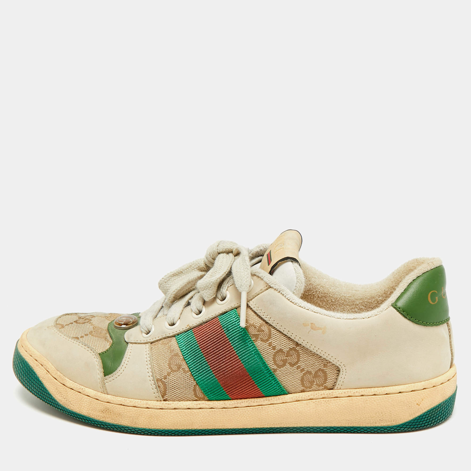 مملوكة مسبقًا Gucci Screener Size 39 Beige/Green GG Canvas and Nubuck Leather Lace Up Sneakers