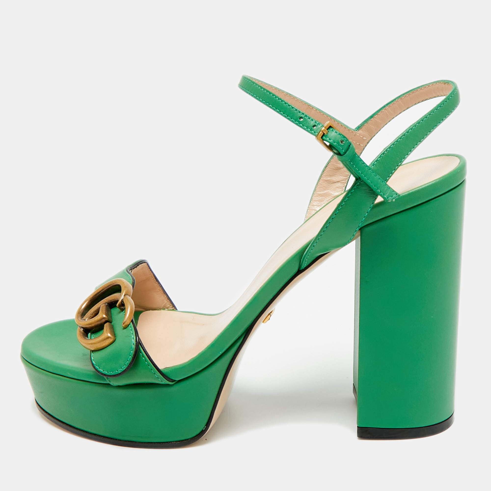 مم لوكة مسبقًا Gucci GG Marmont Size 38 Green Leather Platform Sandals