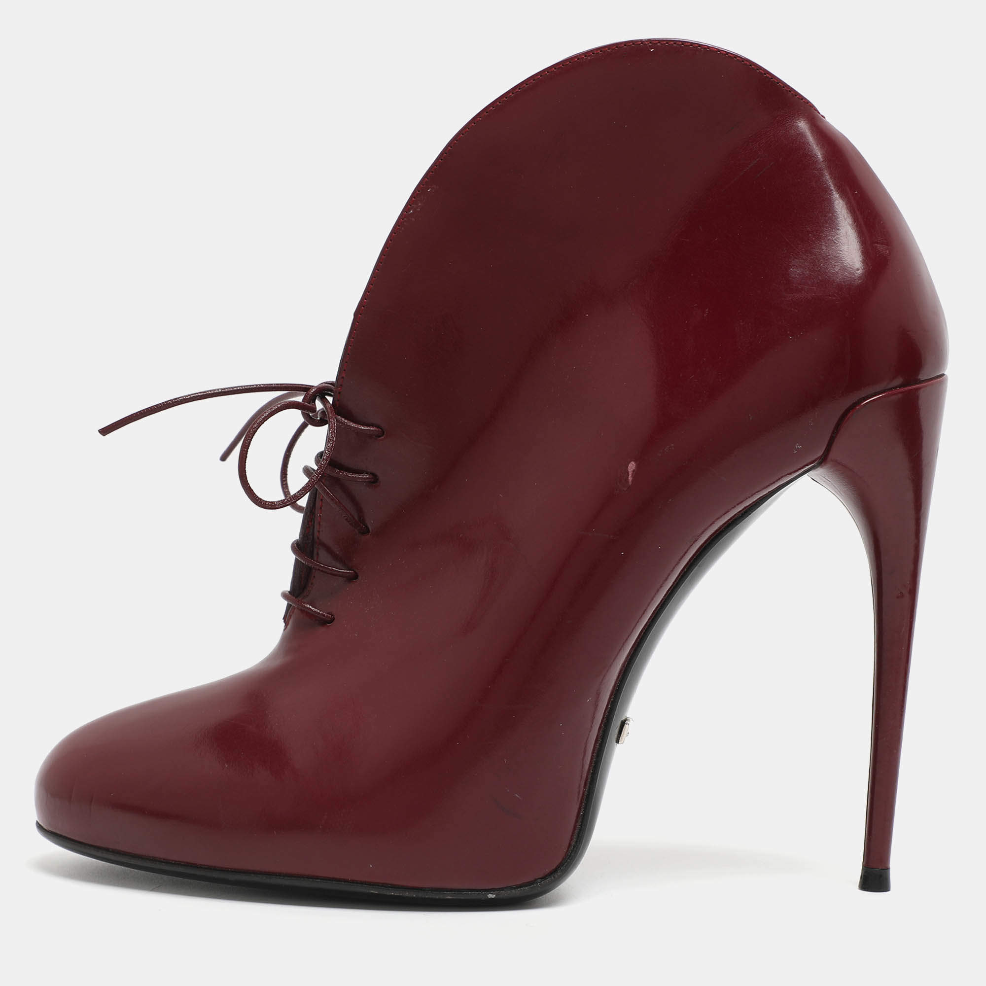 Pre Owned Gucci Kim Size 38.5 Burgundy Leather Lace Up Ankle Boots
