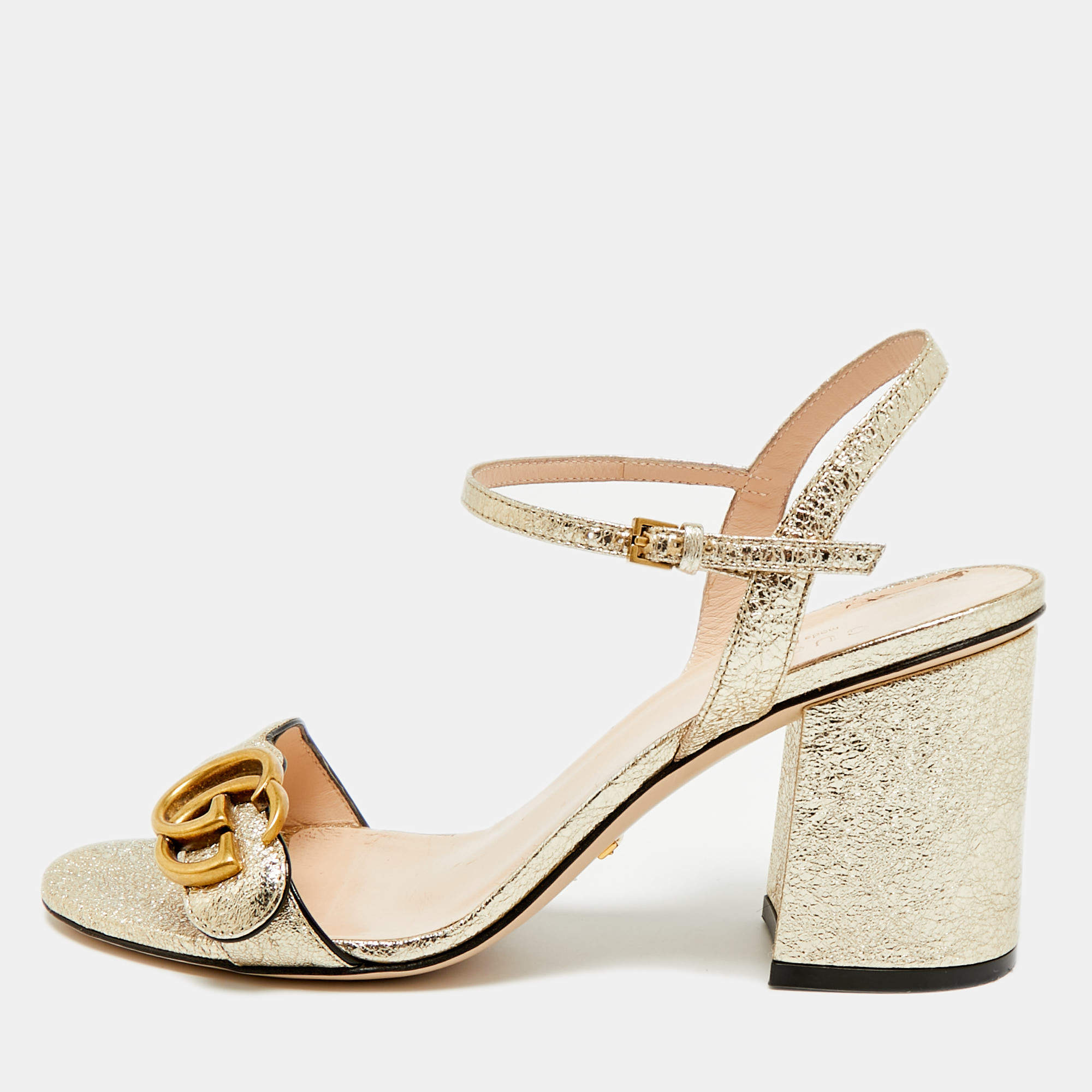 Pre Owned Gucci GG Marmont Size 38 Gold Foil Leather Ankle Strap Block Heel Sandals